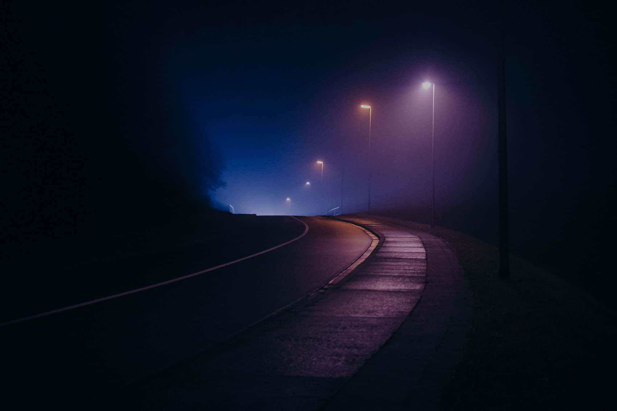 夜晚彎曲的道路穿過霧氣，被路燈照亮，投射出紫色和藍色的色調。 — 美學版 among US GIF 壁紙