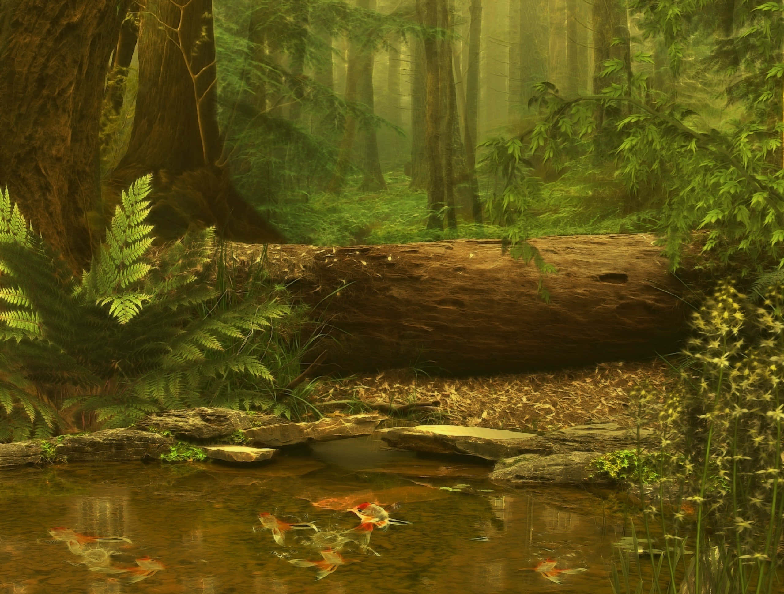 3d Forest 桌布 壁紙 — 一條霧氣瀰漫的森林溪流，錦鯉在長滿青苔的石頭和蕨類植物下游動，旁邊有一根倒下的木頭。