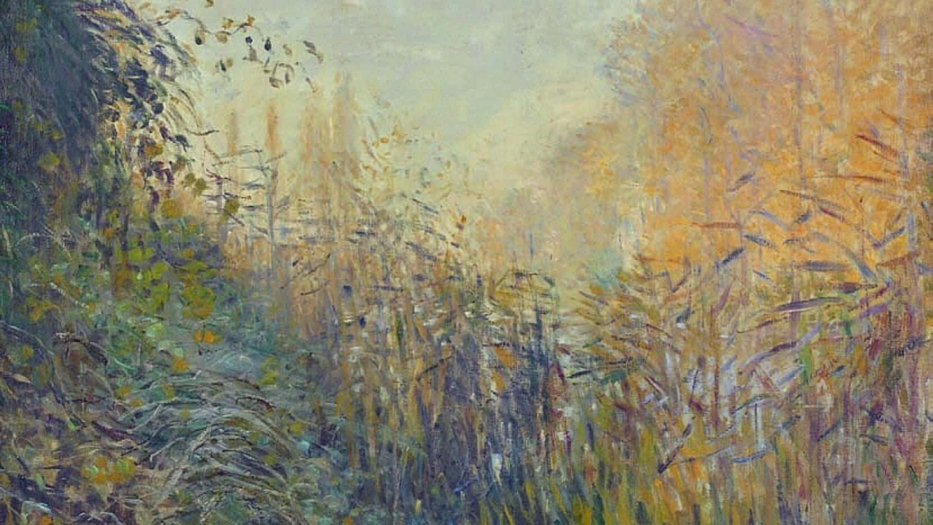 Impressionism 桌布 壁紙 — 一條霧氣瀰漫的秋日森林小徑，被金色和綠色的樹葉環繞，在柔和散射的光線下。