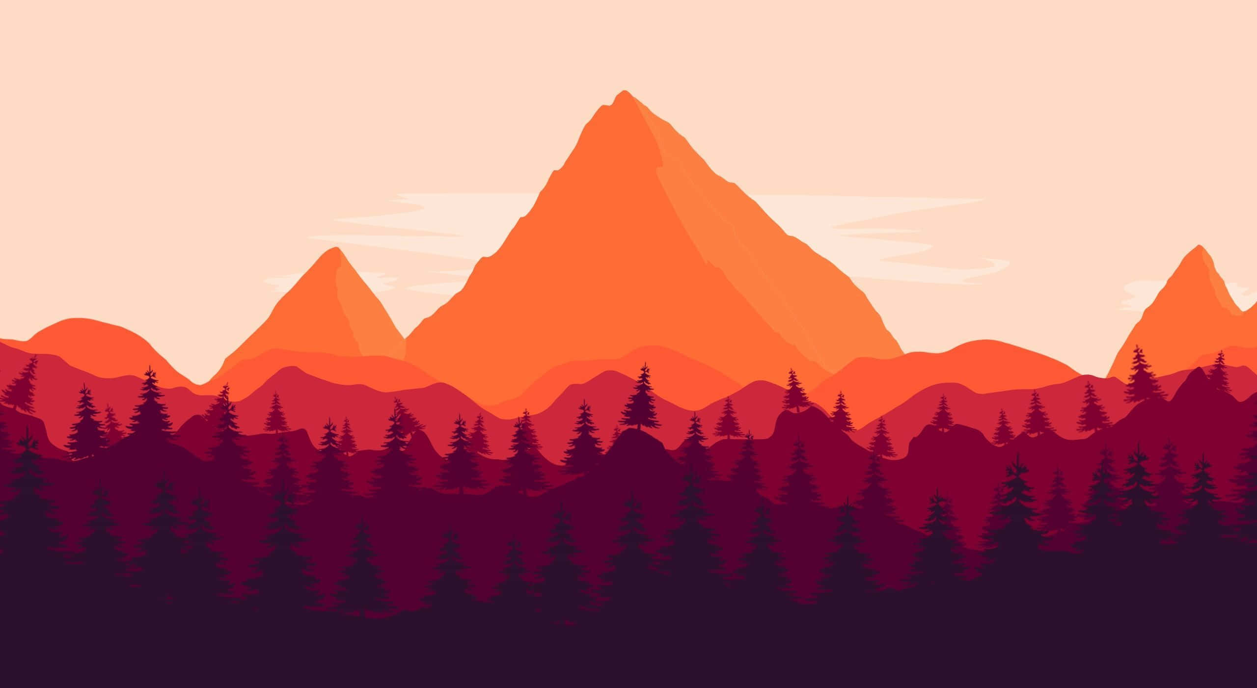 Firewatch 桌布 壁紙 — 一條風格化的山脈沐浴在溫暖的橙色和粉紅色調中，在日落時分聳立於深紫色的森林之上。
