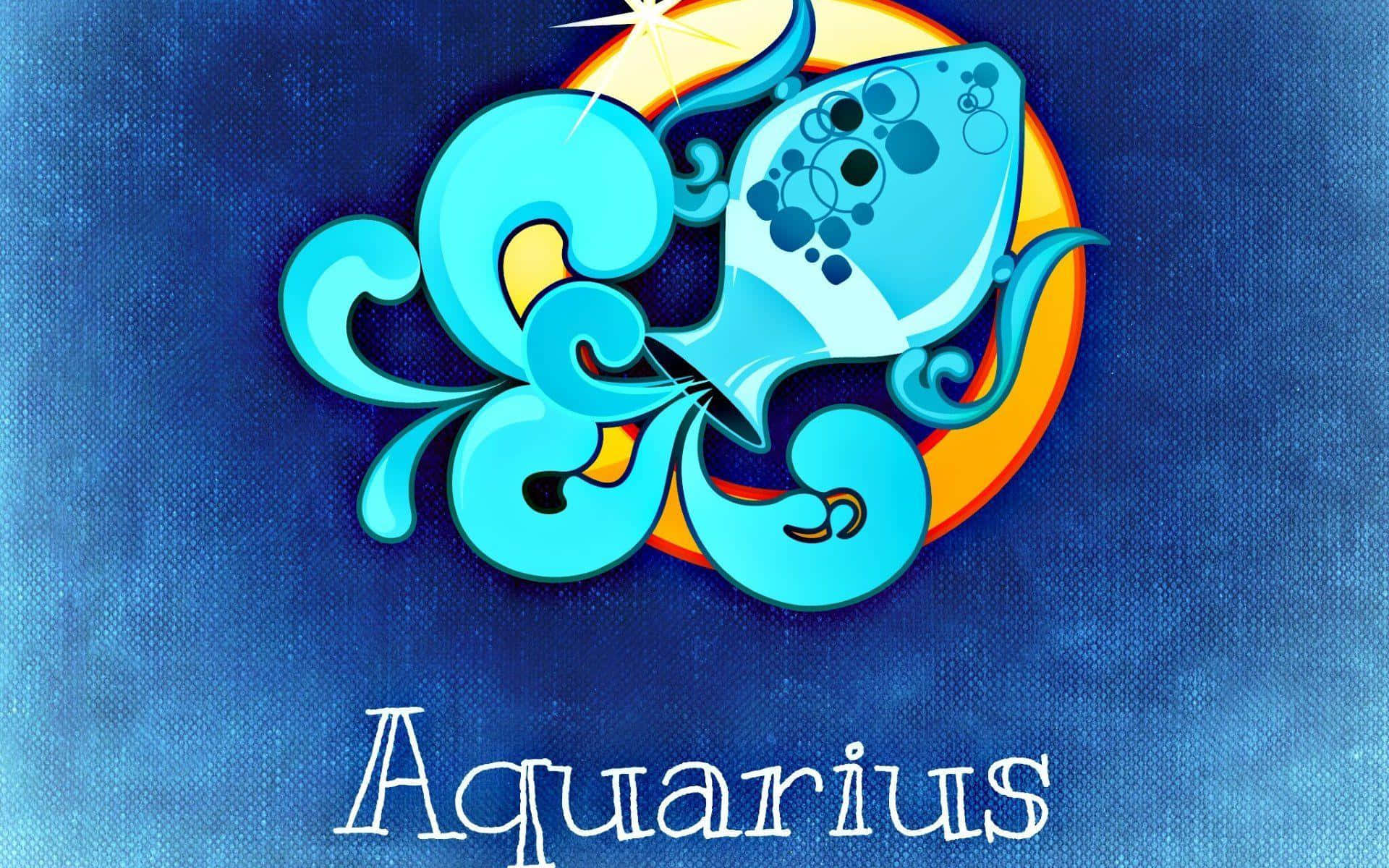 aquarius 桌布 壁紙 — 一條風格化的藍色魚，帶有漩渦狀的水形和氣泡圖案，置於帶有紋理的藍色背景上，背後有太陽光暈。