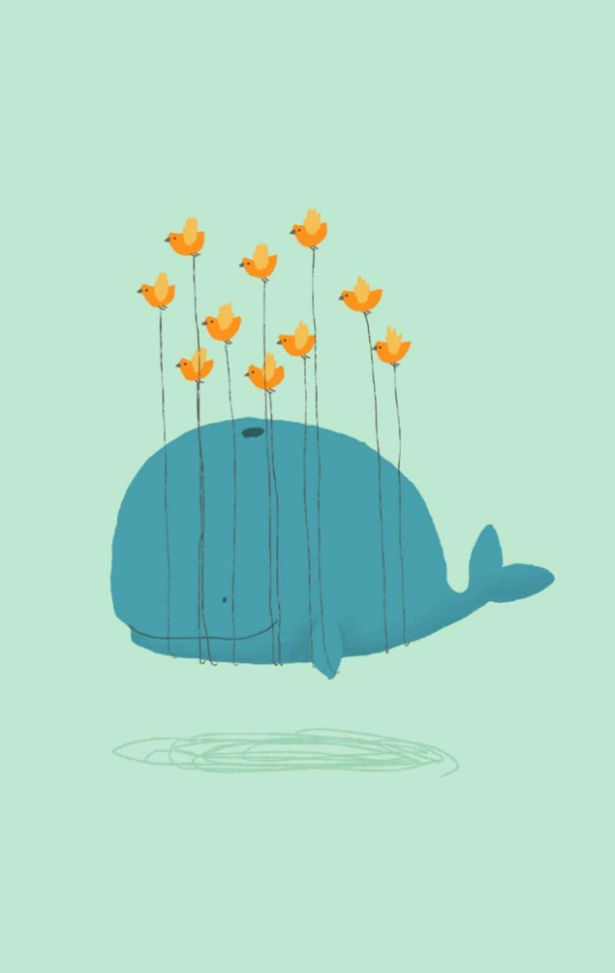 Cheerful 桌布 壁紙 — 一條風格化的藍鯨輕輕漂浮，九隻橙色小鳥棲息在細莖上，背景是柔和的薄荷綠色。