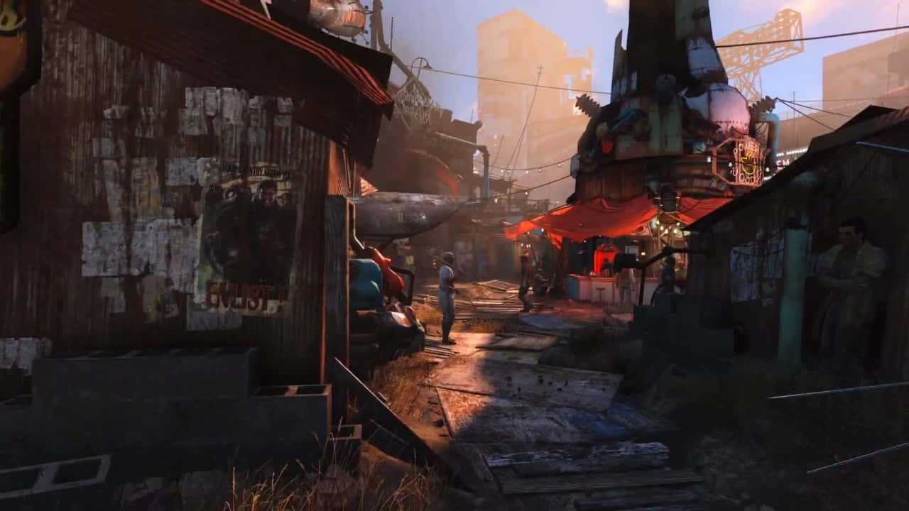 Diamond City 桌布 壁紙 — 一條骯髒的城市小巷，沐浴在溫暖的夕陽下，有生鏽的建築物和散落的碎片。