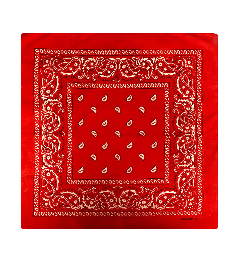 bandana 桌布 壁紙 — 一條鮮紅色嘅頭巾，上面有複雜嘅白色佩斯利圖案同邊框設計，背景係純白色。