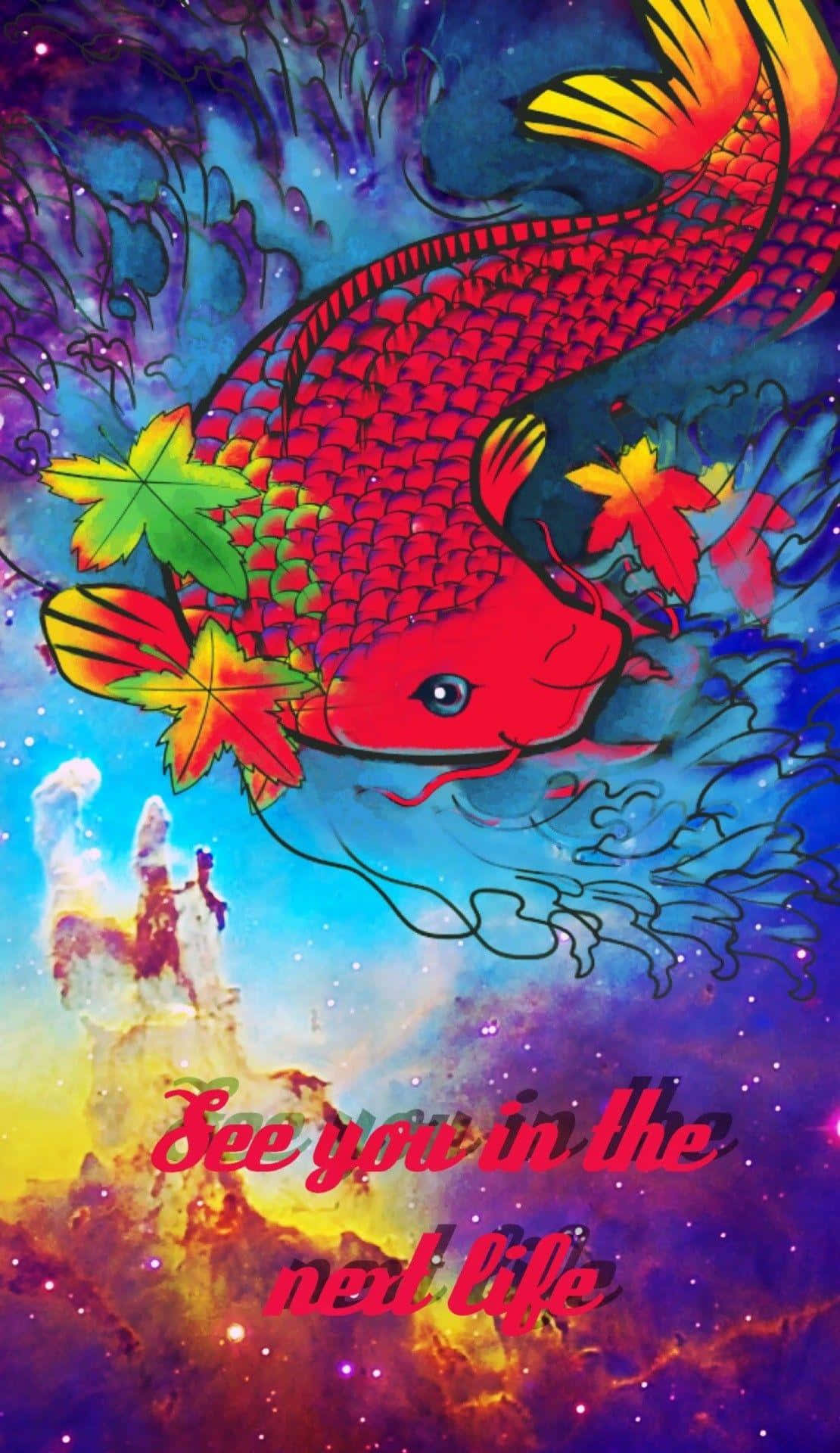 Psychedelic 70s Aesthetic 桌布 壁紙 — 一條鮮紅色的錦鯉在宇宙星雲中游動，伴隨著發光的楓葉和文字 see you in the next life。