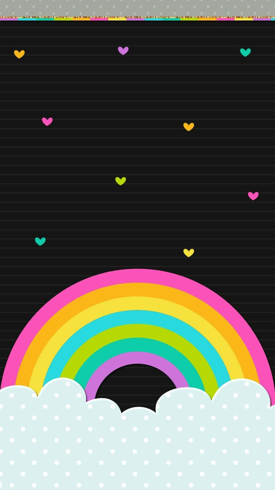 Kawaii Rainbow 桌布 壁紙 — 一條鮮豔的卡通彩虹在圓點雲朵上拱起，背景為黑色線條，並有漂浮的心形。