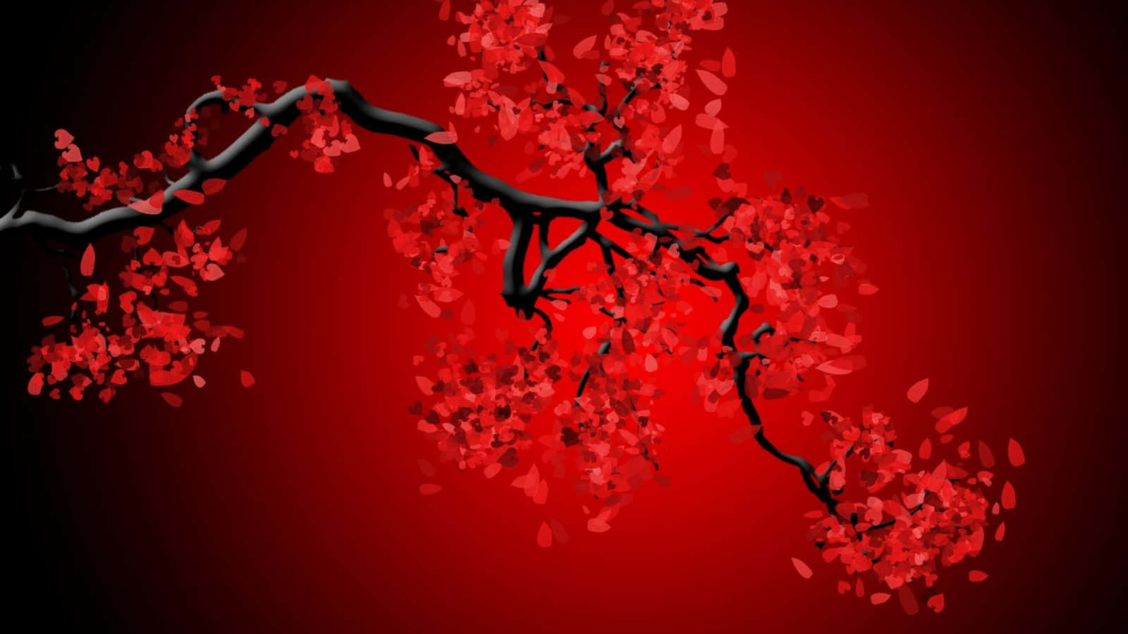 Cherry 桌布 壁紙 — 一條黑色櫻花枝條在深紅漸變背景上綻放出鮮豔的紅色花瓣。