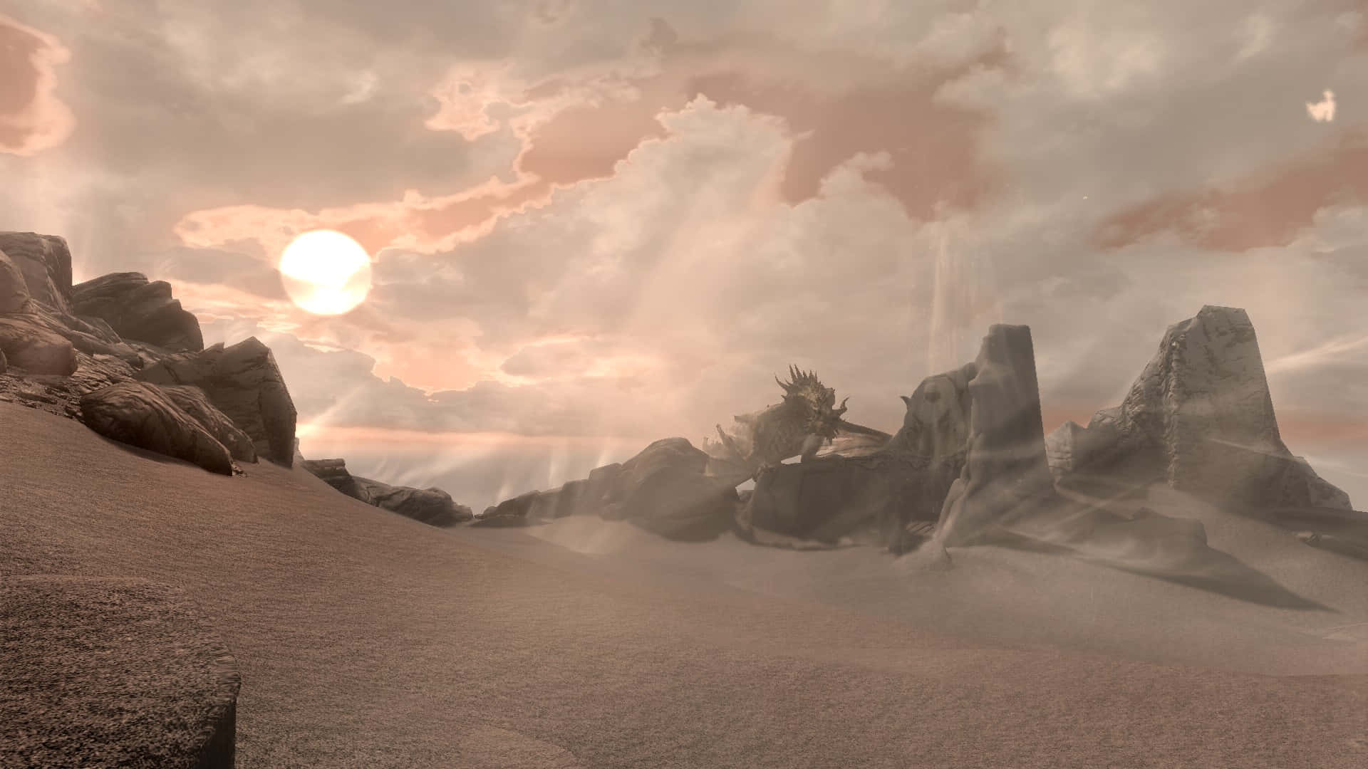 Skyrim Paarthurnax 桌布 壁紙 — 一條龍在沙漠景觀中，於古老廢墟之間休息，下方是穿過粉紅雲層的耀眼太陽。