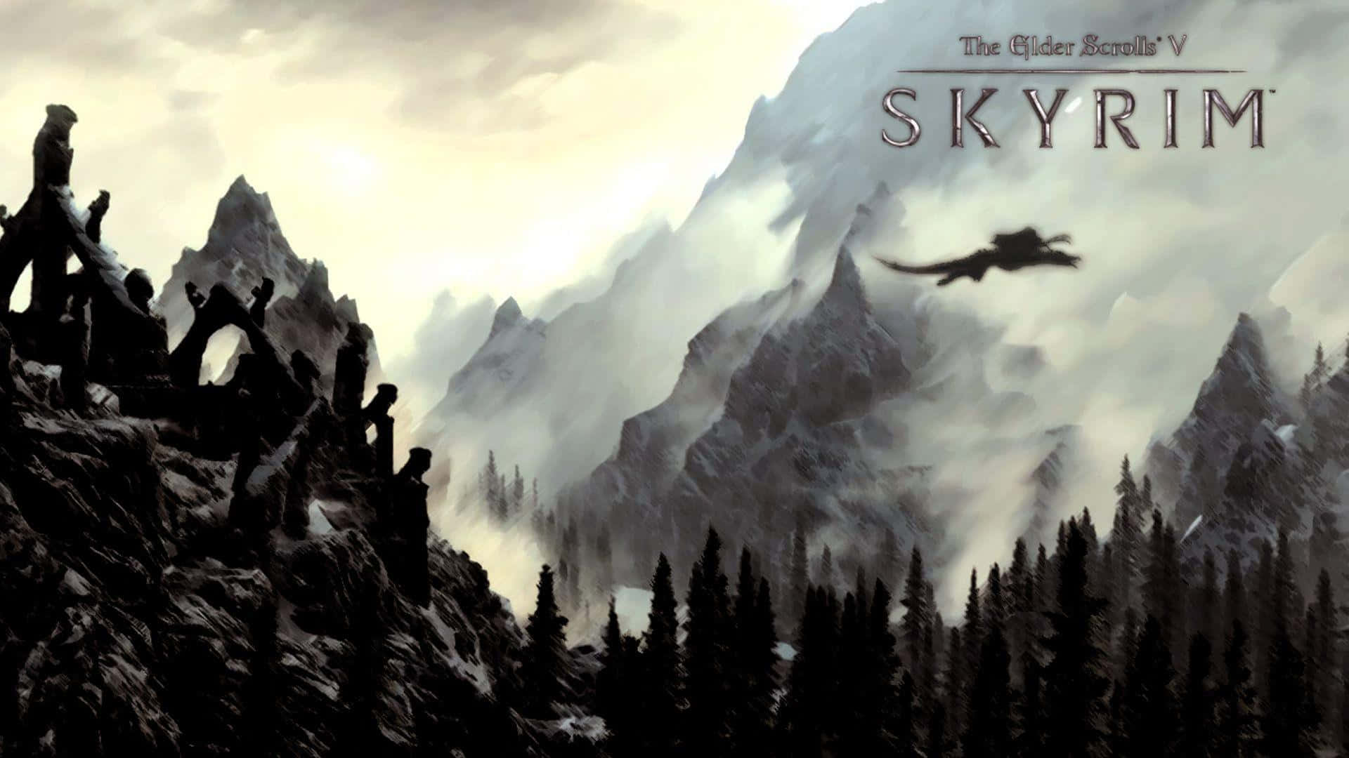 The Elder Scrolls V Skyrim 桌布 壁紙 — 一條龍在霧氣籠罩的雪山之上翱翔，剪影人物站在岩石懸崖上，俯瞰著茂密的松樹林。