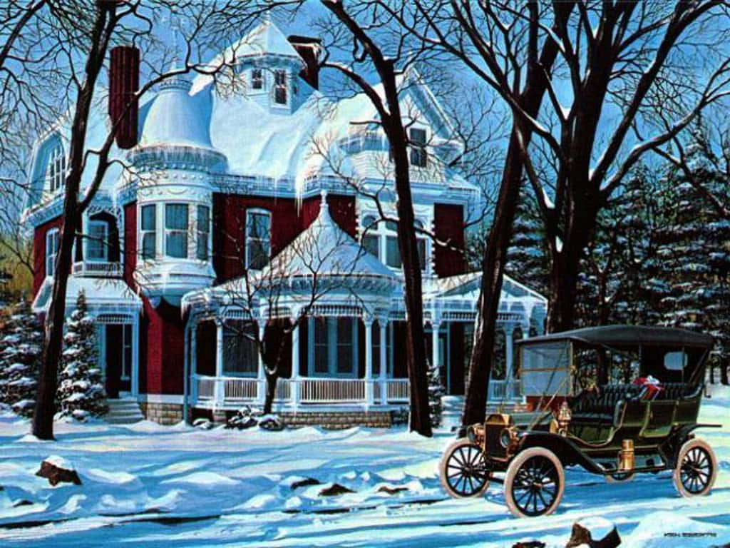 Winter Scene 桌布 壁紙 — 一棟大型維多利亞式房屋，紅牆白邊，在晴朗的藍天下被雪覆蓋，前面停著一輛黑色復古汽車。