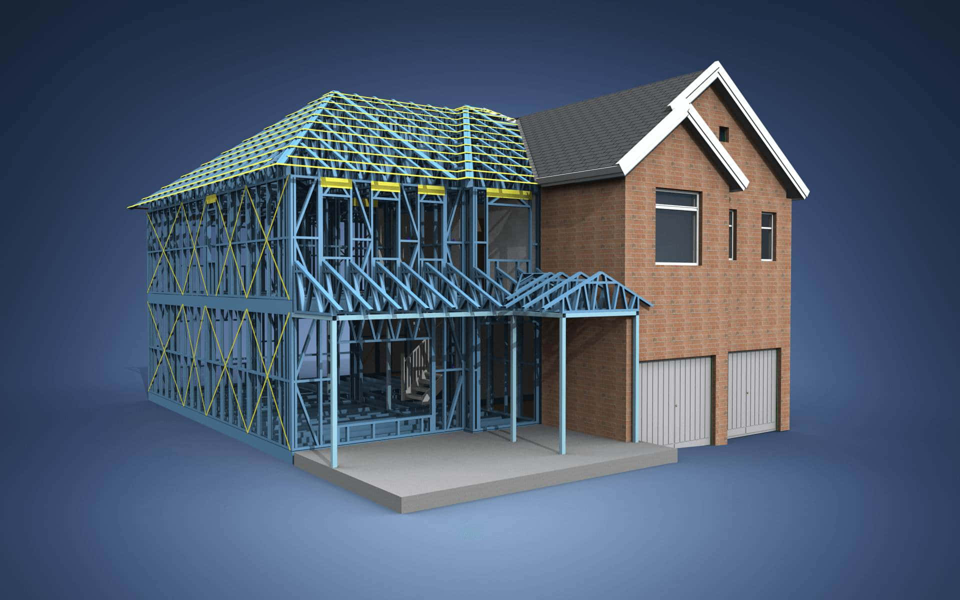3d Modeling 桌布 壁紙 — 一棟正在施工的現代兩層房屋，帶有裸露的藍色鋼框架和磚砌外牆，背景為漸變藍色。