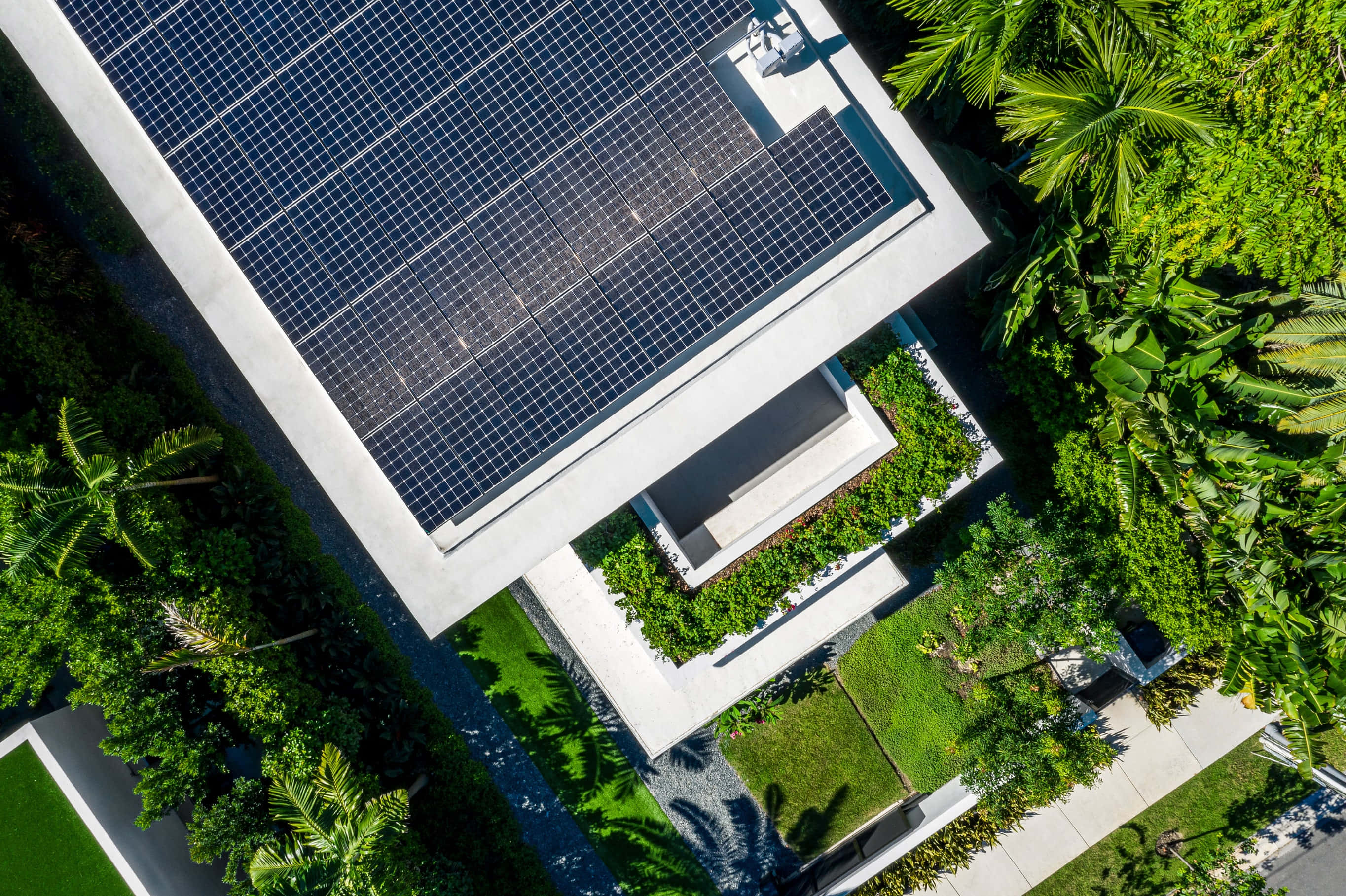 Green Buildings 桌布 壁紙 — 一棟現代房屋的鳥瞰圖，屋頂裝有太陽能板，周圍環繞著茂密的熱帶植物。