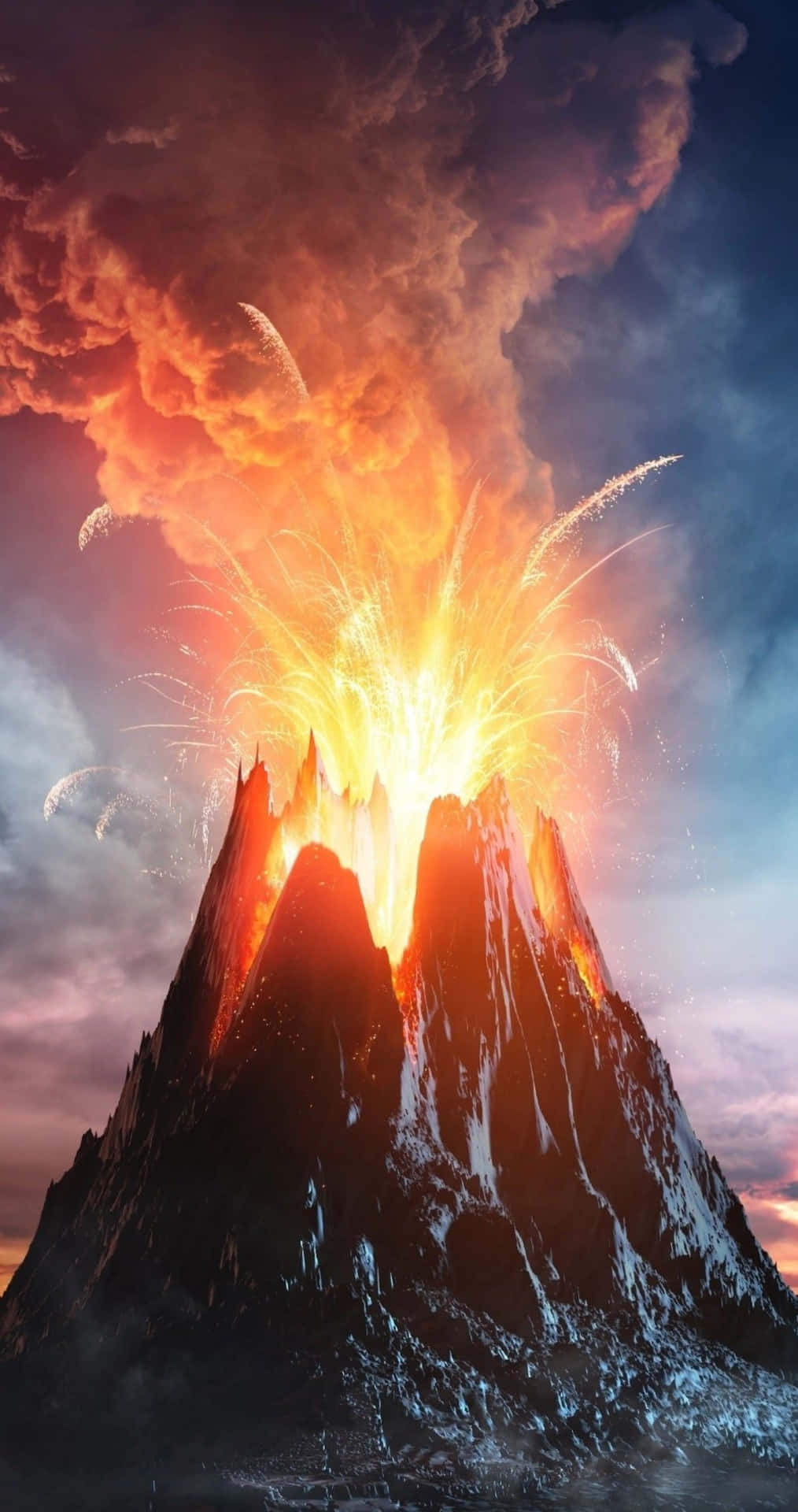 一座白雪覆蓋的火山正在噴發，明亮的熔岩和煙霧噴向色彩斑斕的天空。