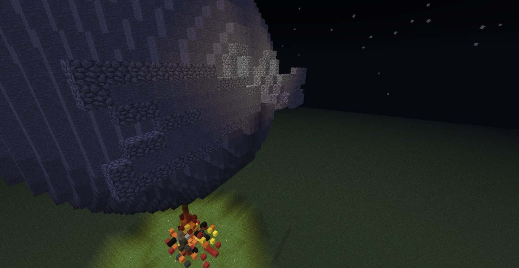 Death Egg 桌布 壁紙 — 一棵像素化的Minecraft樹，樹下有一個發光的營火，在星空下。
