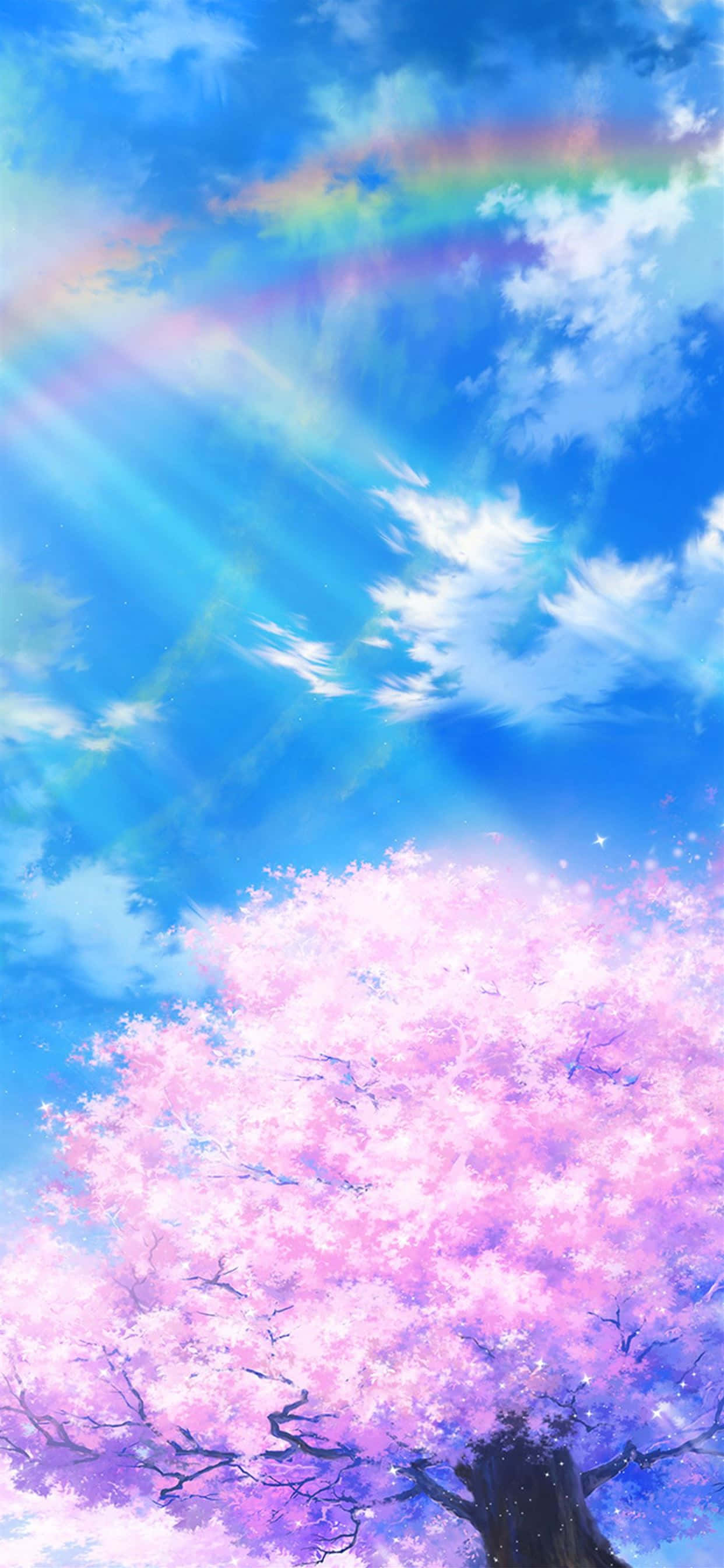 Anime Sky 桌布 壁紙 — 一棵充滿活力的動漫風格櫻花樹，在帶有彩虹和陽光的燦爛藍天下盛開。
