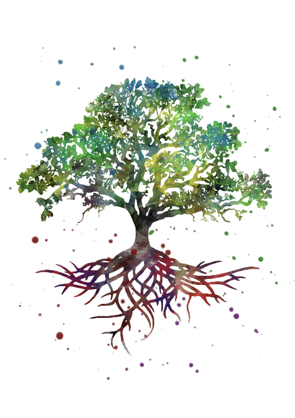 Tree Of Life 桌布 壁紙 — 一棵充滿活力的水彩樹，帶有綠色樹冠和色彩繽紛的樹根，在白色背景上濺滿油漆點。