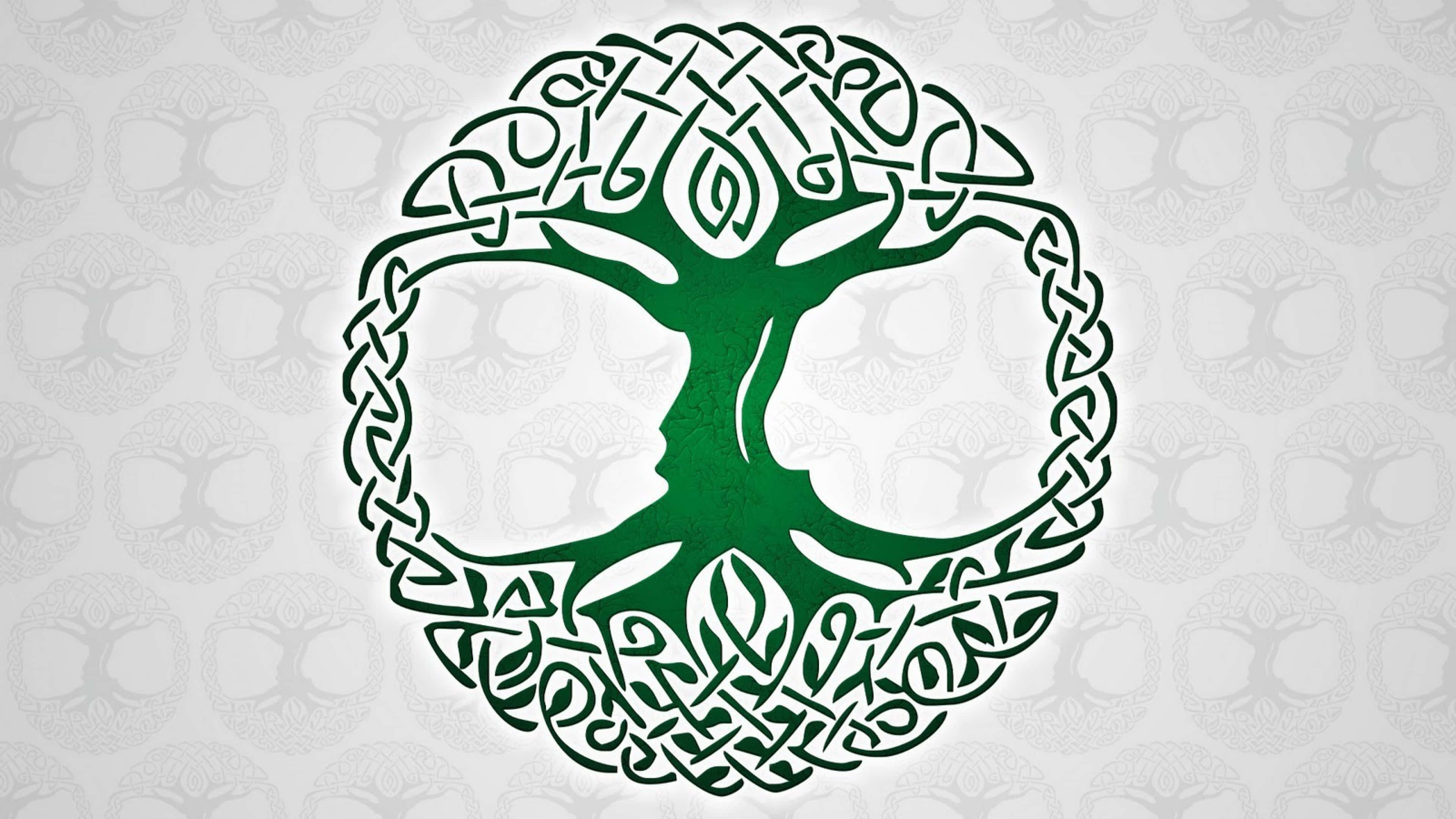 Pagan 桌布 壁紙 — 一棵充滿活力的綠色凱爾特生命之樹，帶有複雜的結飾枝條和根部，置於微妙的重複圖案背景上。