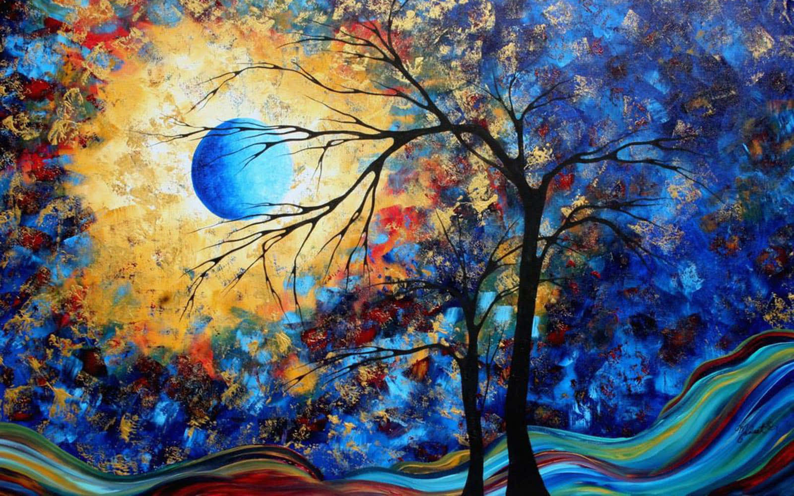Fine Arts 桌布 壁紙 — 一棵光禿禿的樹木剪影，伸向一輪在金色、藍色和紅色色調的紋理天空中的鮮豔藍色月亮。