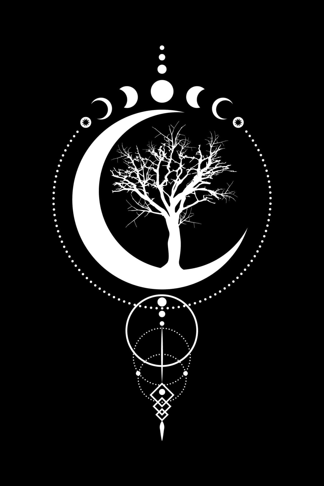 Pagan 桌布 壁紙 — 一棵光禿禿的白色風格化樹木矗立在弦月內，周圍環繞著月相和幾何圖案，背景為黑色。