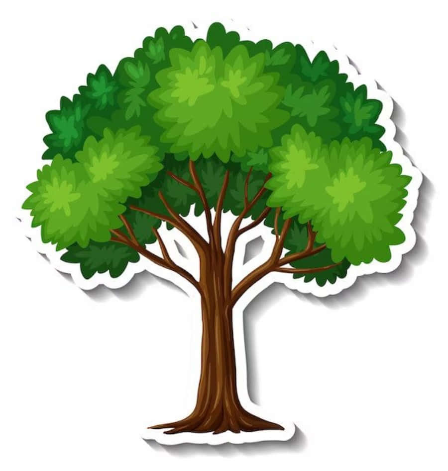 Clipart 桌布 壁紙 — 一棵卡通樹，樹幹粗壯呈棕色，樹葉茂盛翠綠，孤立在白色背景上，帶有貼紙般的陰影。
