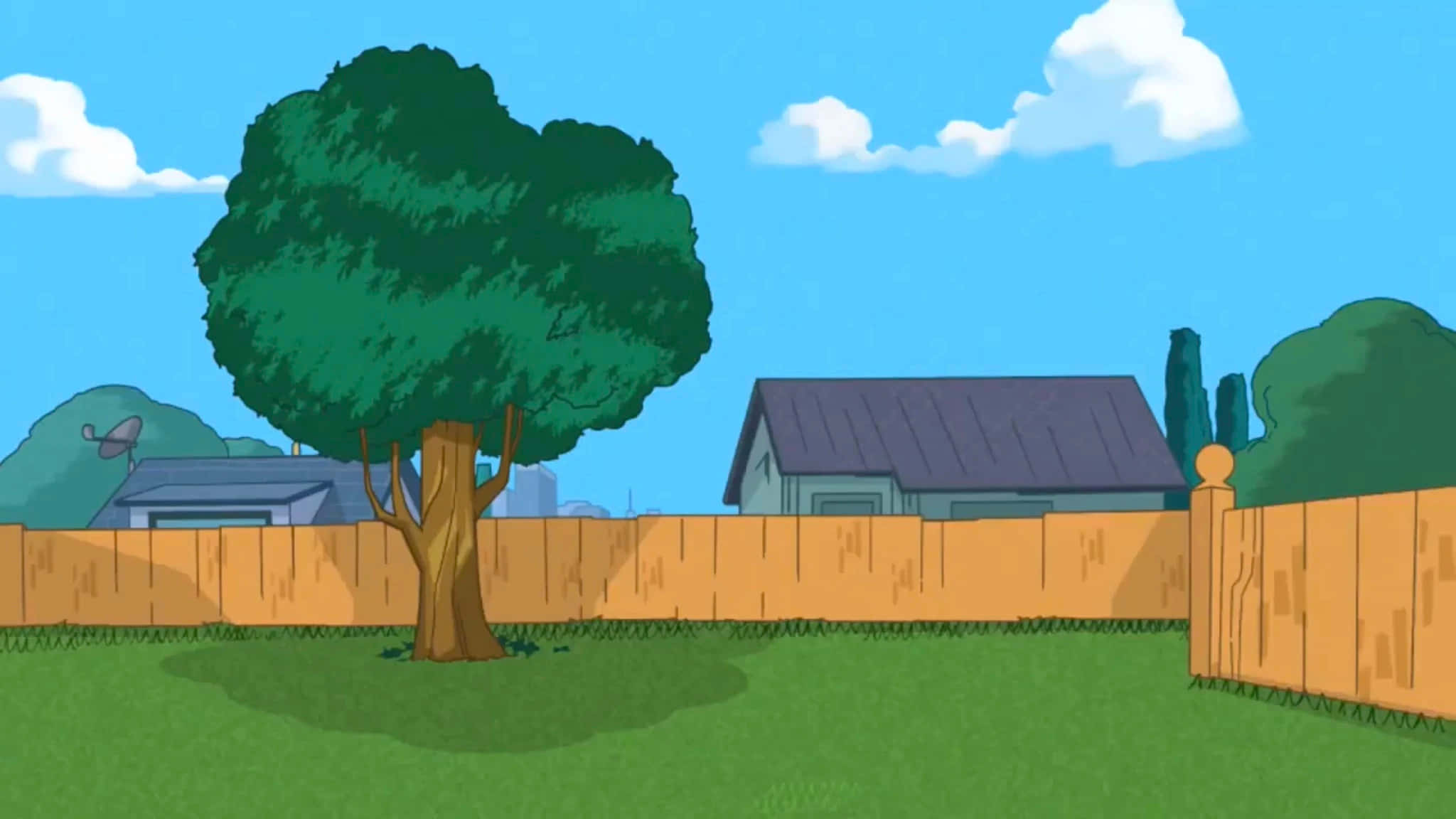 Phineas And Ferb 桌布 壁紙 — 一棵卡通樹站在木柵欄後的草地上，上方是晴朗的藍天和蓬鬆的白雲。