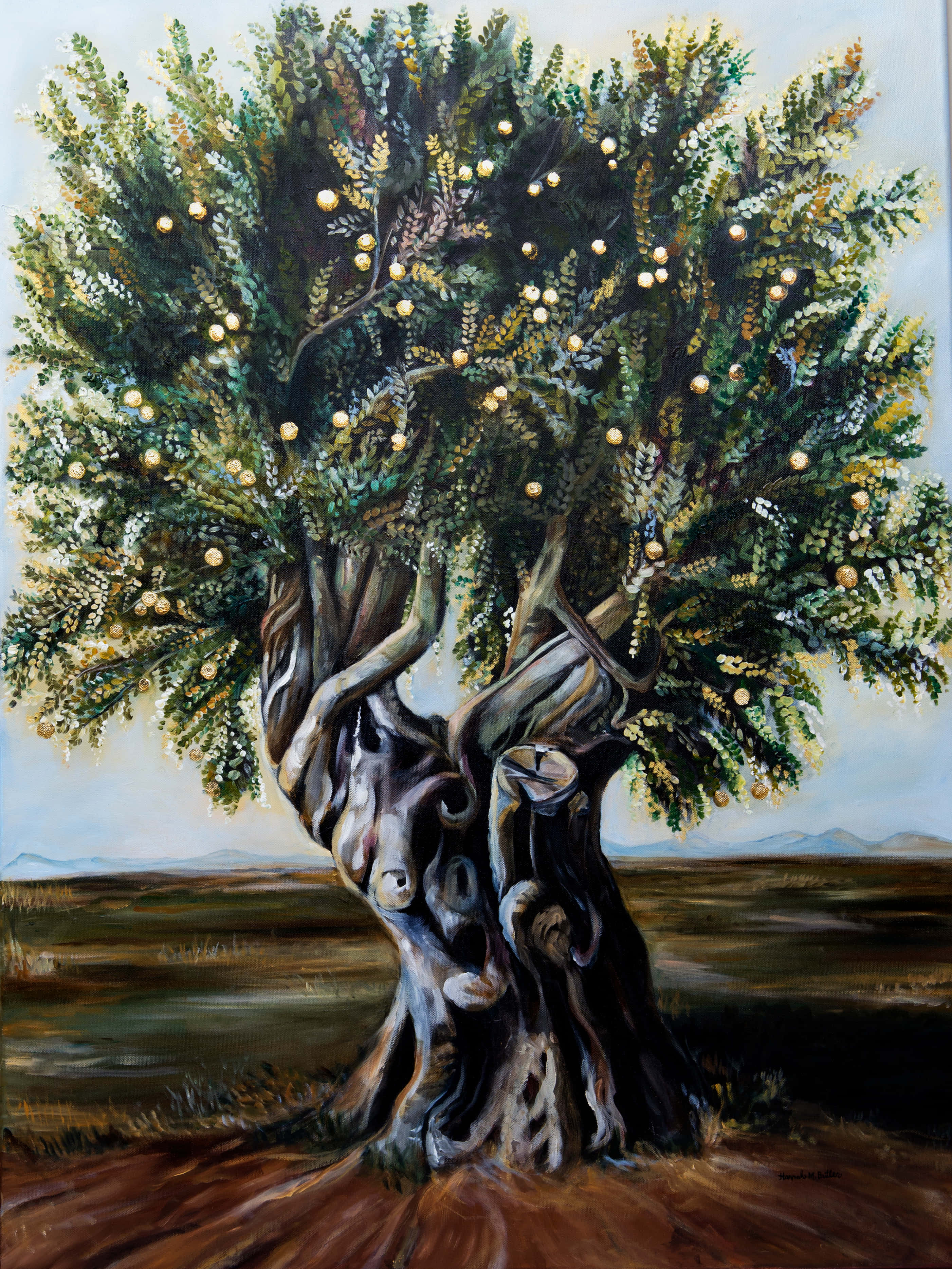 Tree Of Life 桌布 壁紙 — 一棵古老的橄欖樹，樹幹粗糙多節，結著金色的果實，佇立在蒼白天空下陽光明媚的田野中。