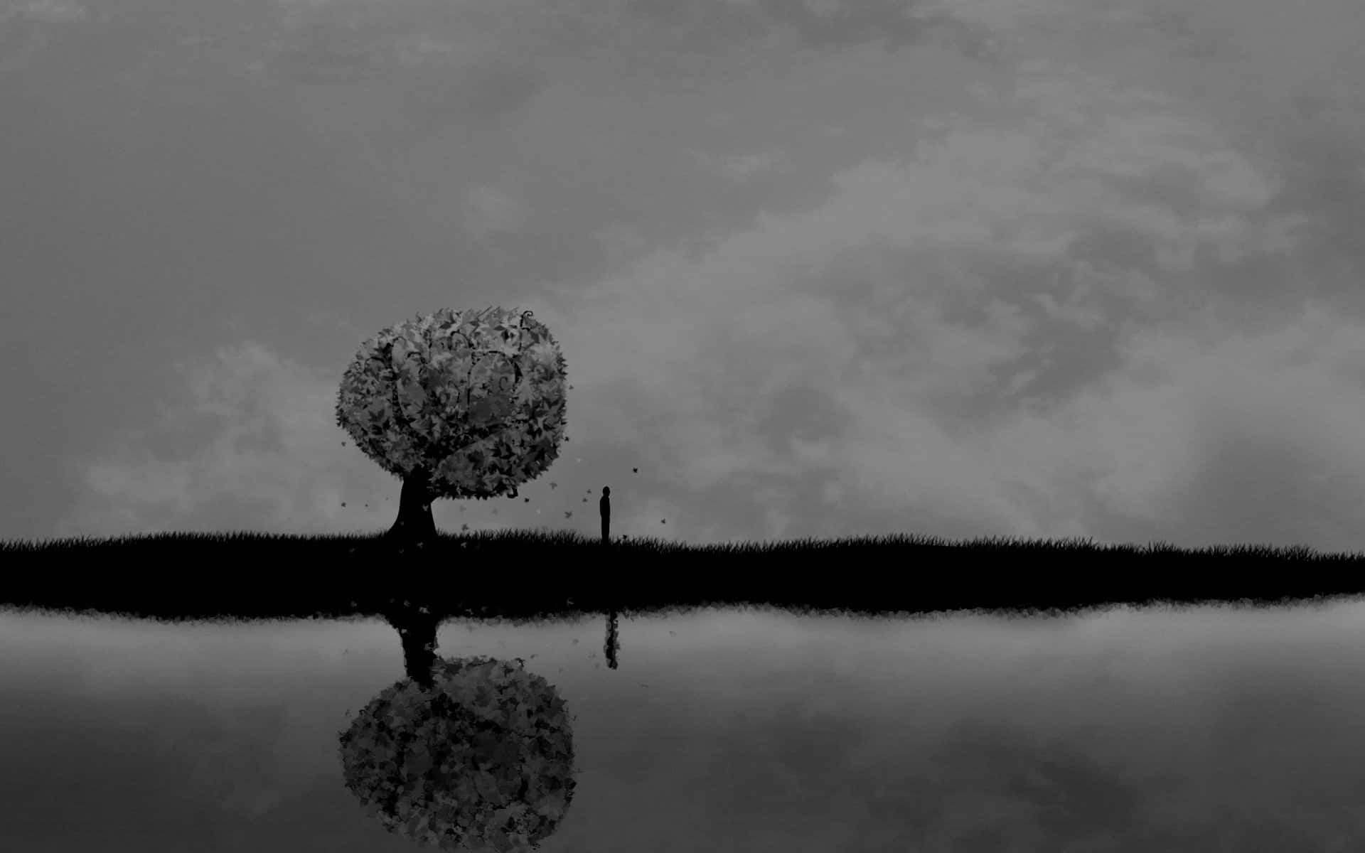 Dark Emotional 桌布 壁紙 — 一棵孤樹，樹葉有紋理，矗立在長滿草的岸邊，它的倒影完美地映照在平靜的水面上，天空多雲。