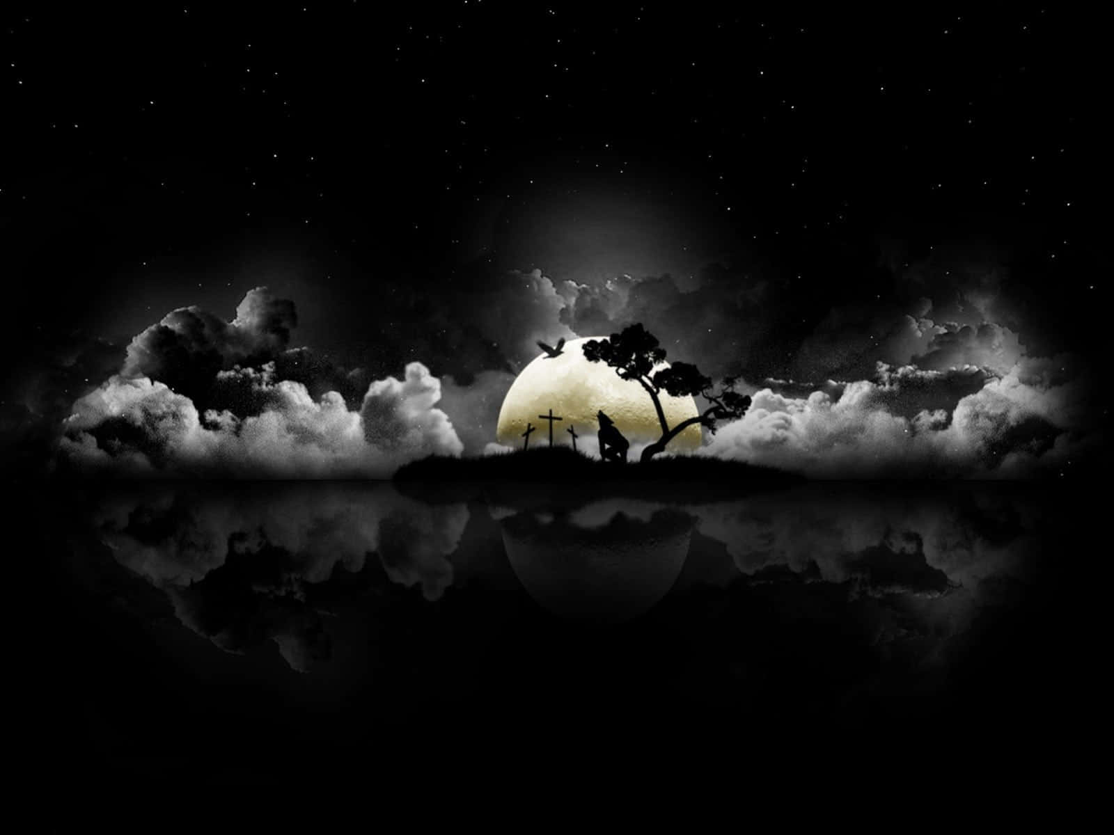 Dark Island 桌布 壁紙 — 一棵孤樹和墓碑在星空下平靜水面上反射的發光滿月襯托下形成剪影。