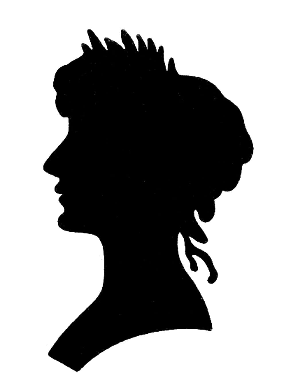 一棵孤樹對著夕陽，勾勒出美麗的天空剪影 壁紙 — 一個女性側面輪廓的鮮明黑色剪影，帶有造型頭髮，在純白色背景上。