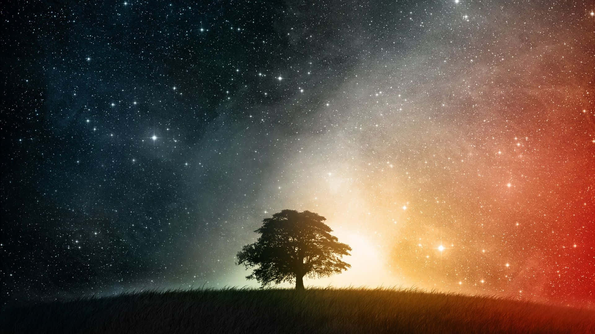 Universe 桌布 壁紙 — 一棵孤樹的剪影矗立在長滿草的山丘上，下方是充滿活力的星空，散發著宇宙般的紅色和藍色光芒。