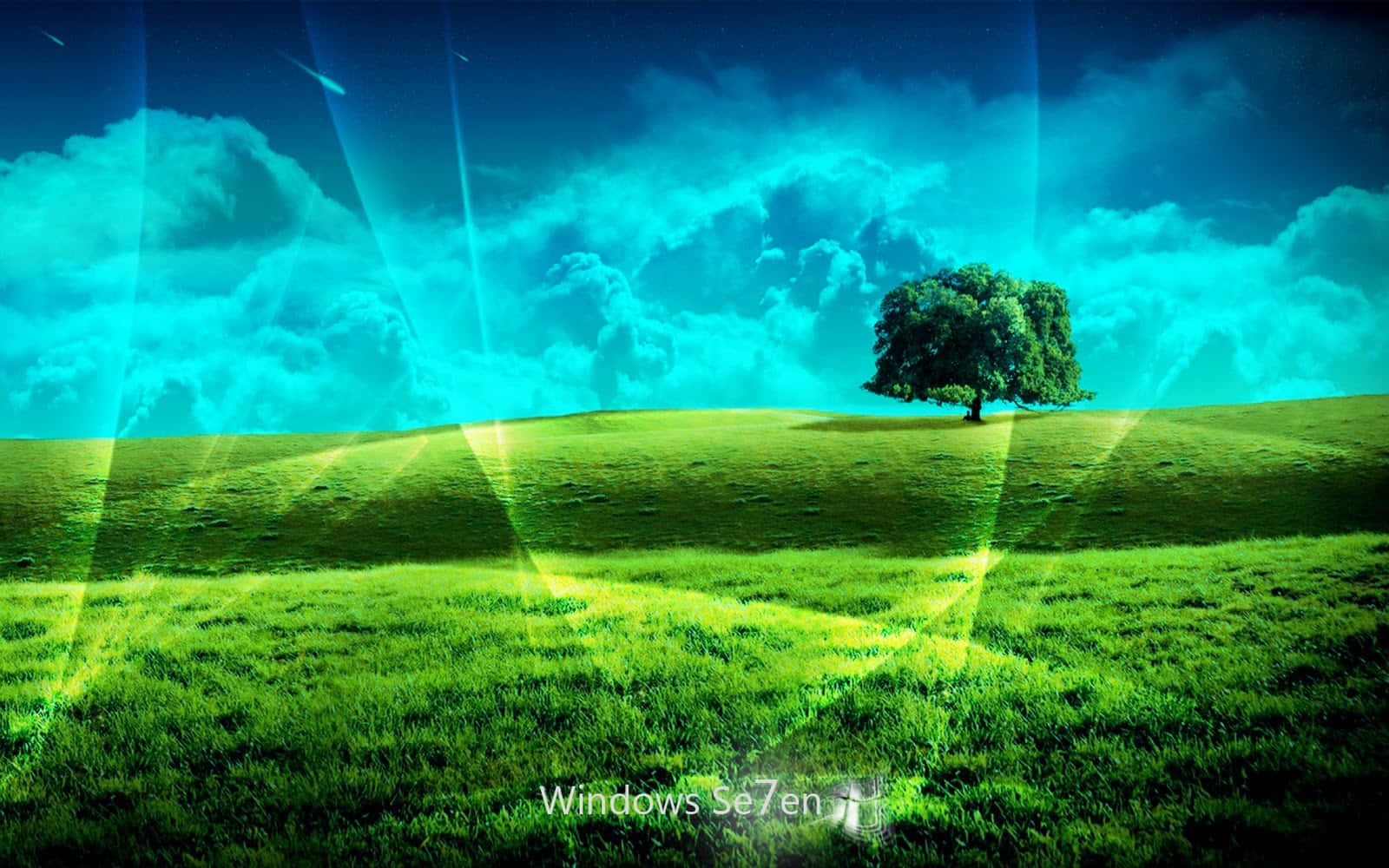 Animated Desktop 桌布 壁紙 — 一棵孤樹矗立在起伏的綠色山丘上，天空呈現鮮豔的青色，帶有戲劇性的雲層和發光的光線。