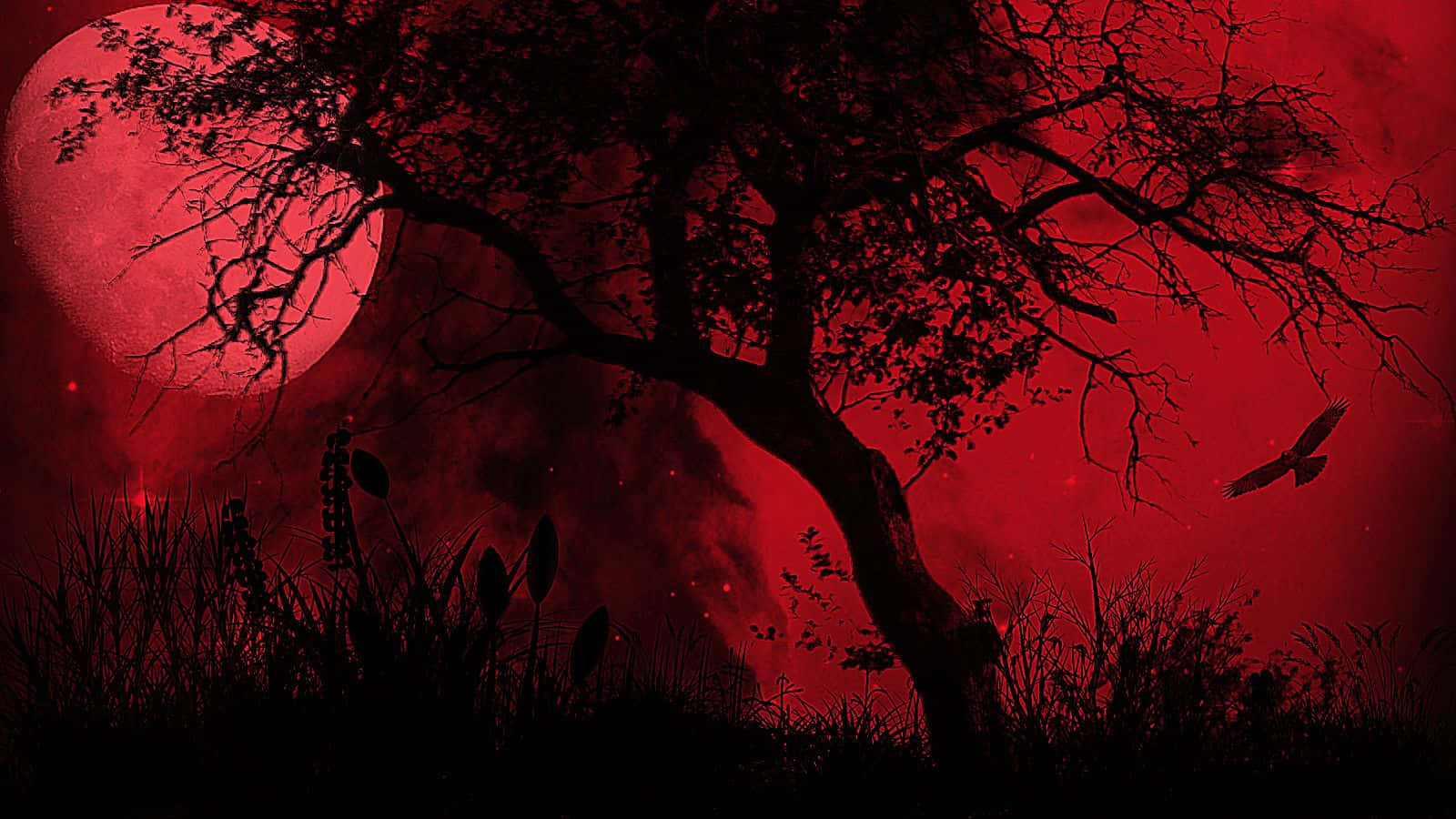 Spooky Halloween 桌布 壁紙 — 一棵孤獨扭曲的樹在血紅色的月亮襯托下形成剪影，一隻鳥飛過，構成詭異的夜景。