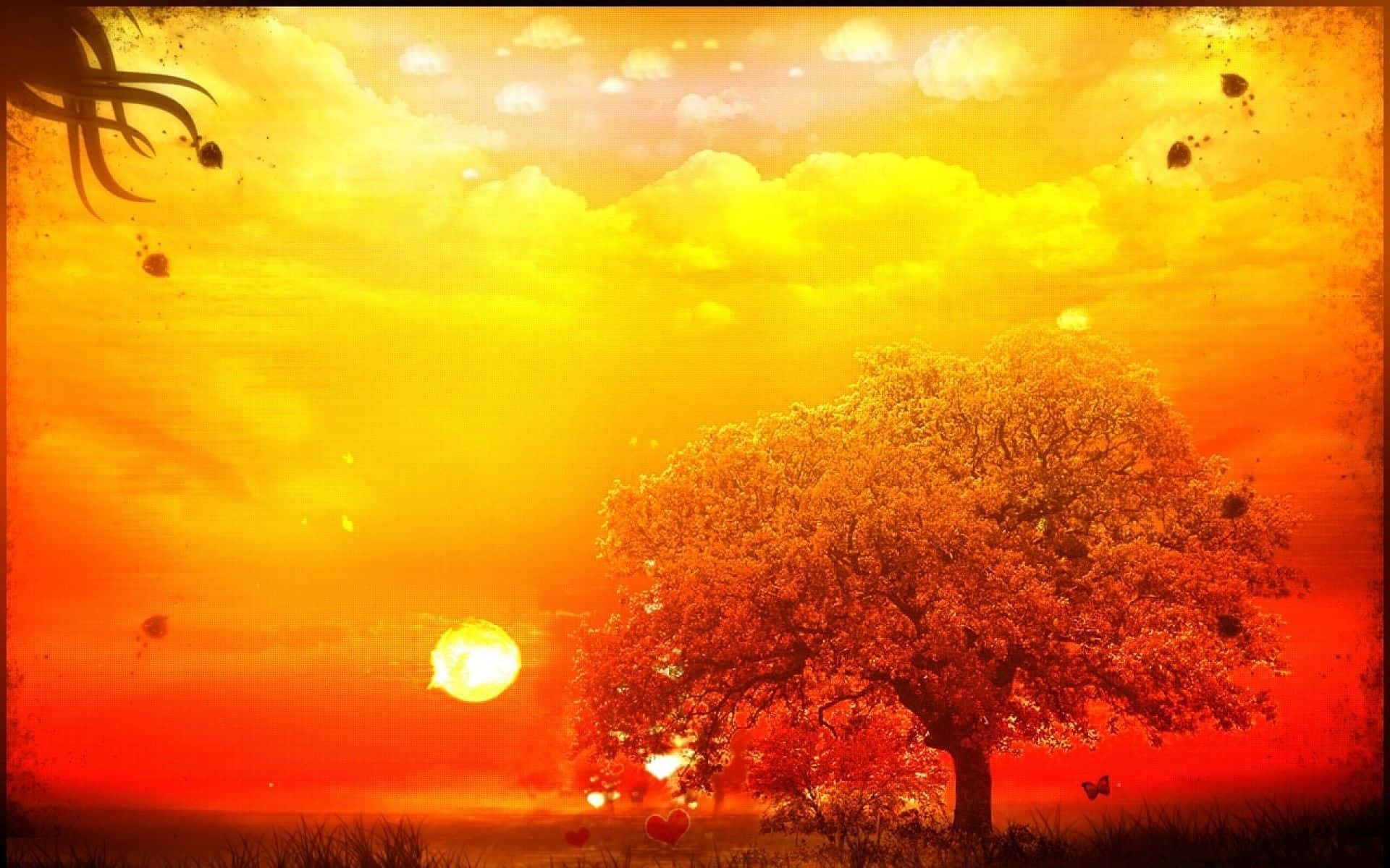 Yellow Sky 桌布 壁紙 — 一棵孤獨的樹在火紅的日落天空下形成剪影，伴隨著發光的雲朵和漂浮的心形。
