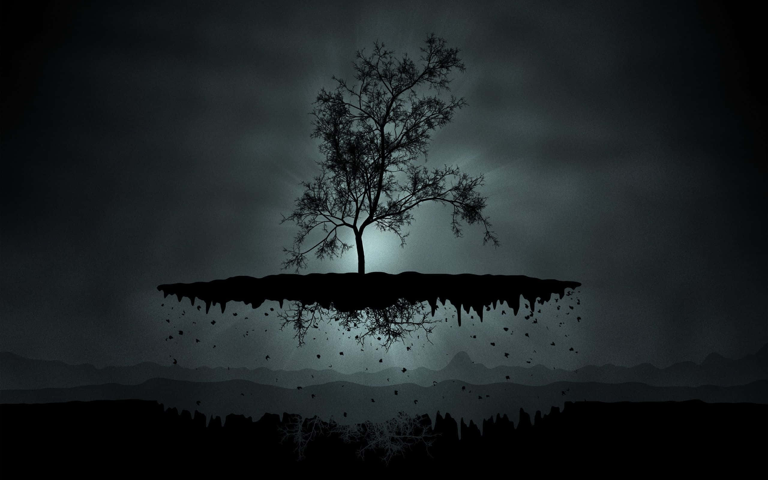 Dark Gothic 桌布 壁紙 — 一棵孤獨的樹矗立在浮島上，背景是黑暗風暴的天空，背後有發光的月光。