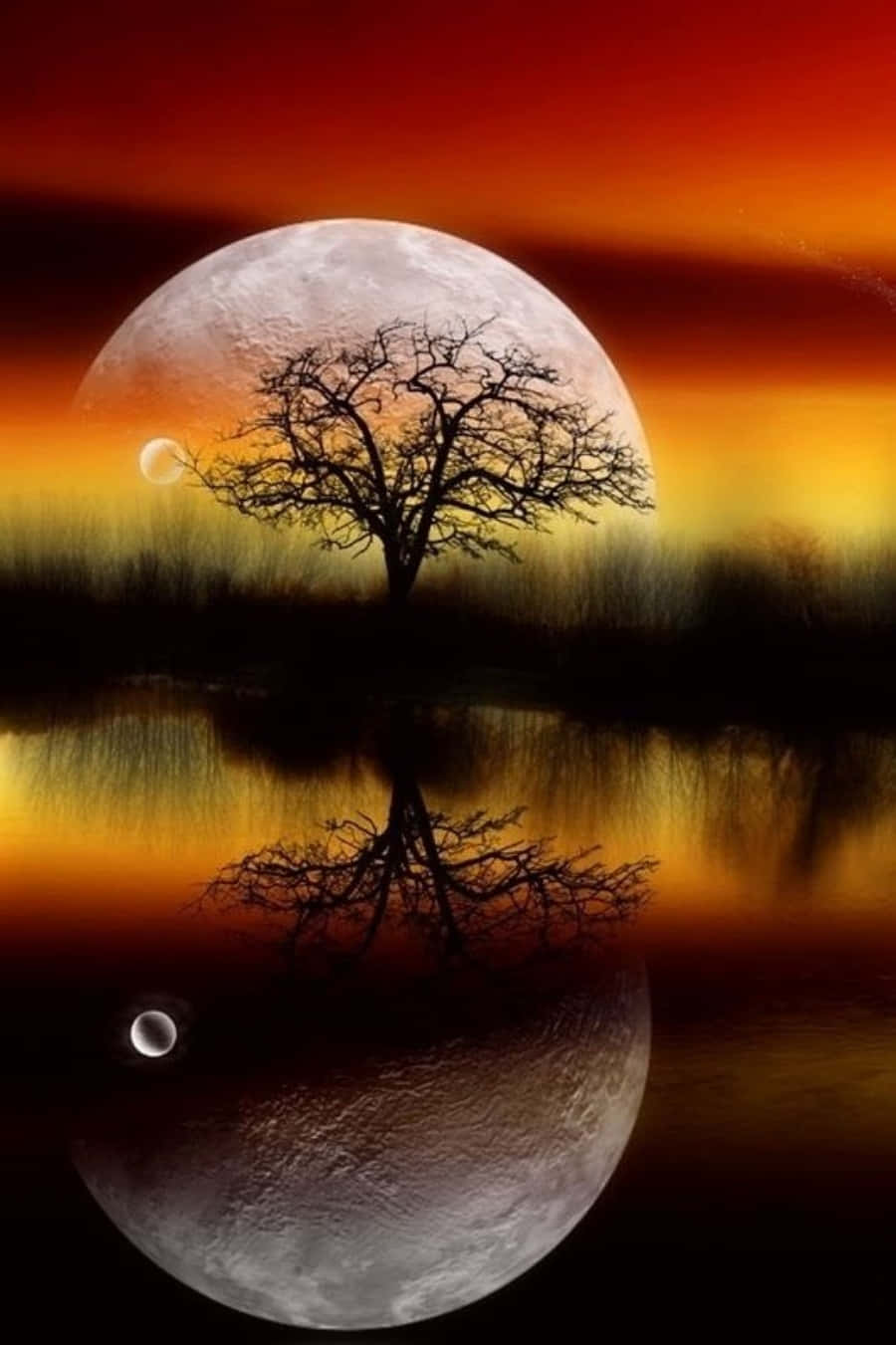 Beautiful Moon 桌布 壁紙 — 一棵孤獨的無葉樹立於水中，倒映著巨大的月亮和充滿活力的橙色日落天空。