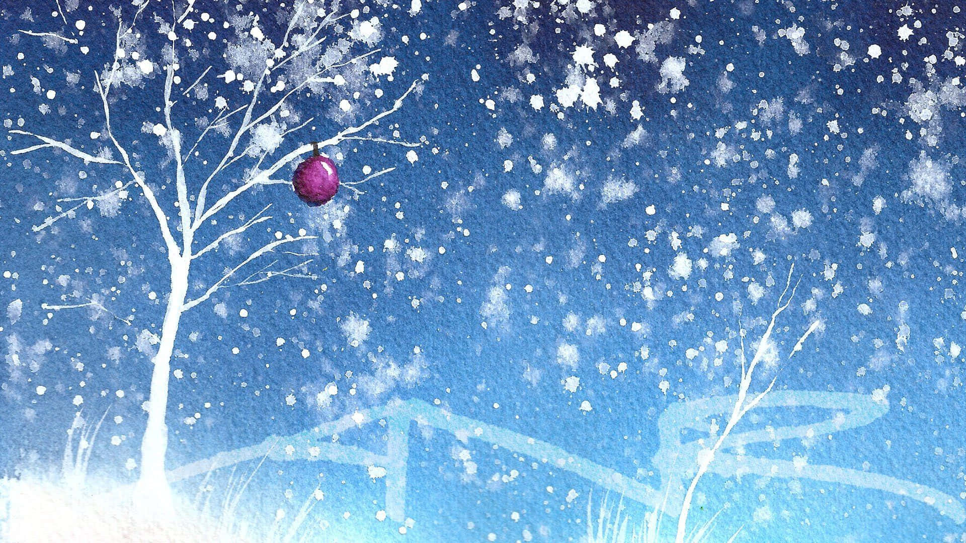 Winter Holiday 桌布 壁紙 — 一棵孤獨的禿樹，掛著一個紫色裝飾品，映襯著飄雪的天空。
