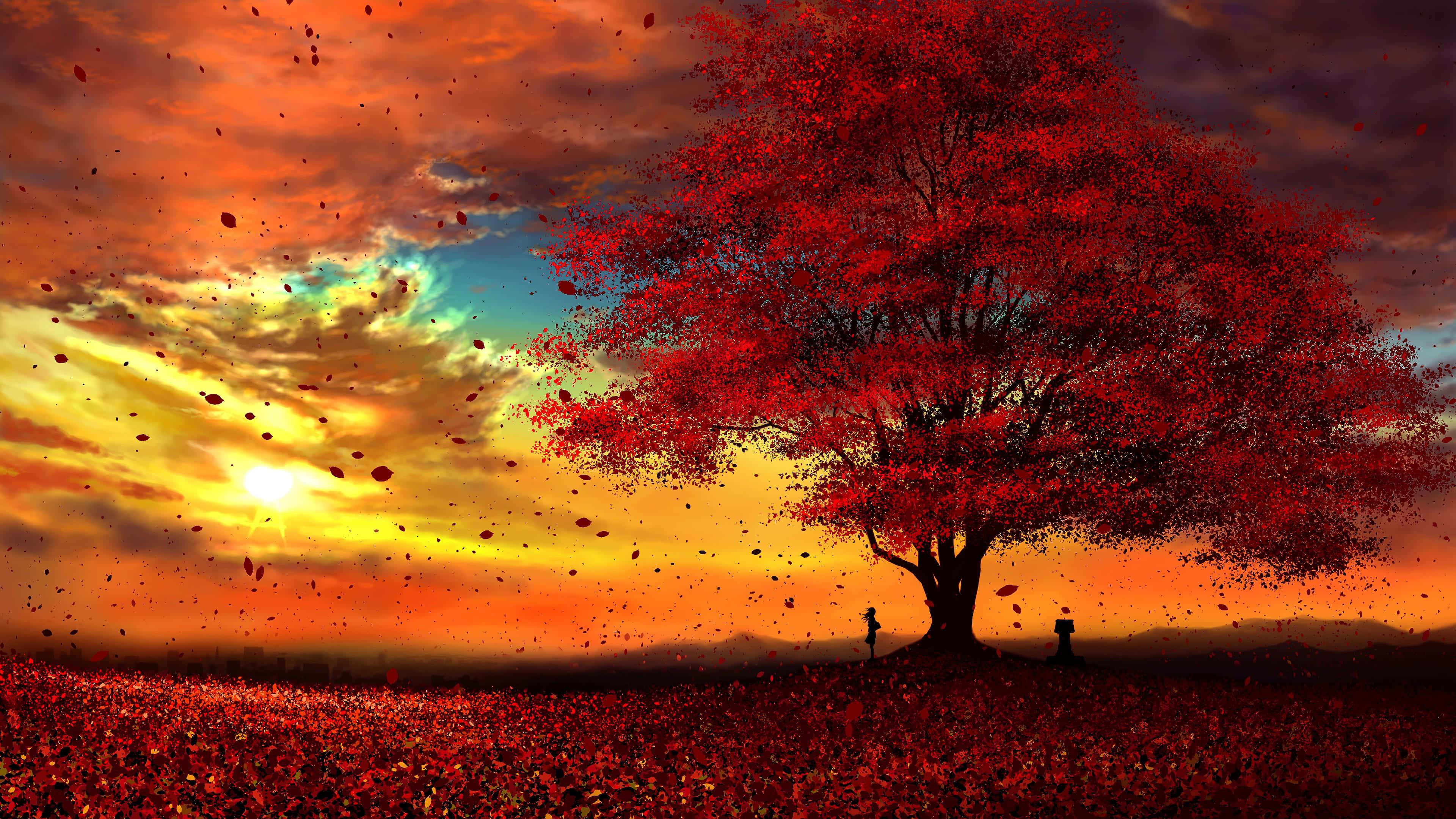 Anime Sunset 桌布 壁紙 — 一棵孤獨的紅樹矗立在落葉紛飛的田野上，背景是火紅的夕陽天空，有兩個剪影人物。