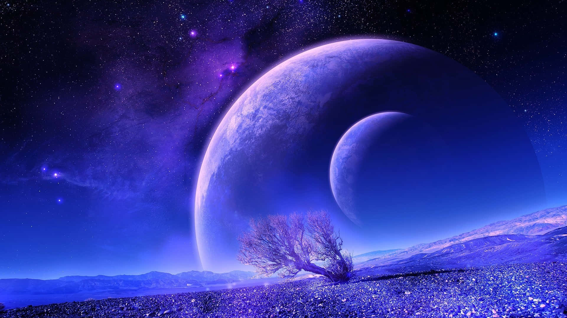 Starry Sky 桌布 壁紙 — 一棵孤獨的紫色樹木矗立在閃閃發光的外星平原上，下方是兩顆巨大的發光月亮，背景是繁星點點的宇宙天空。