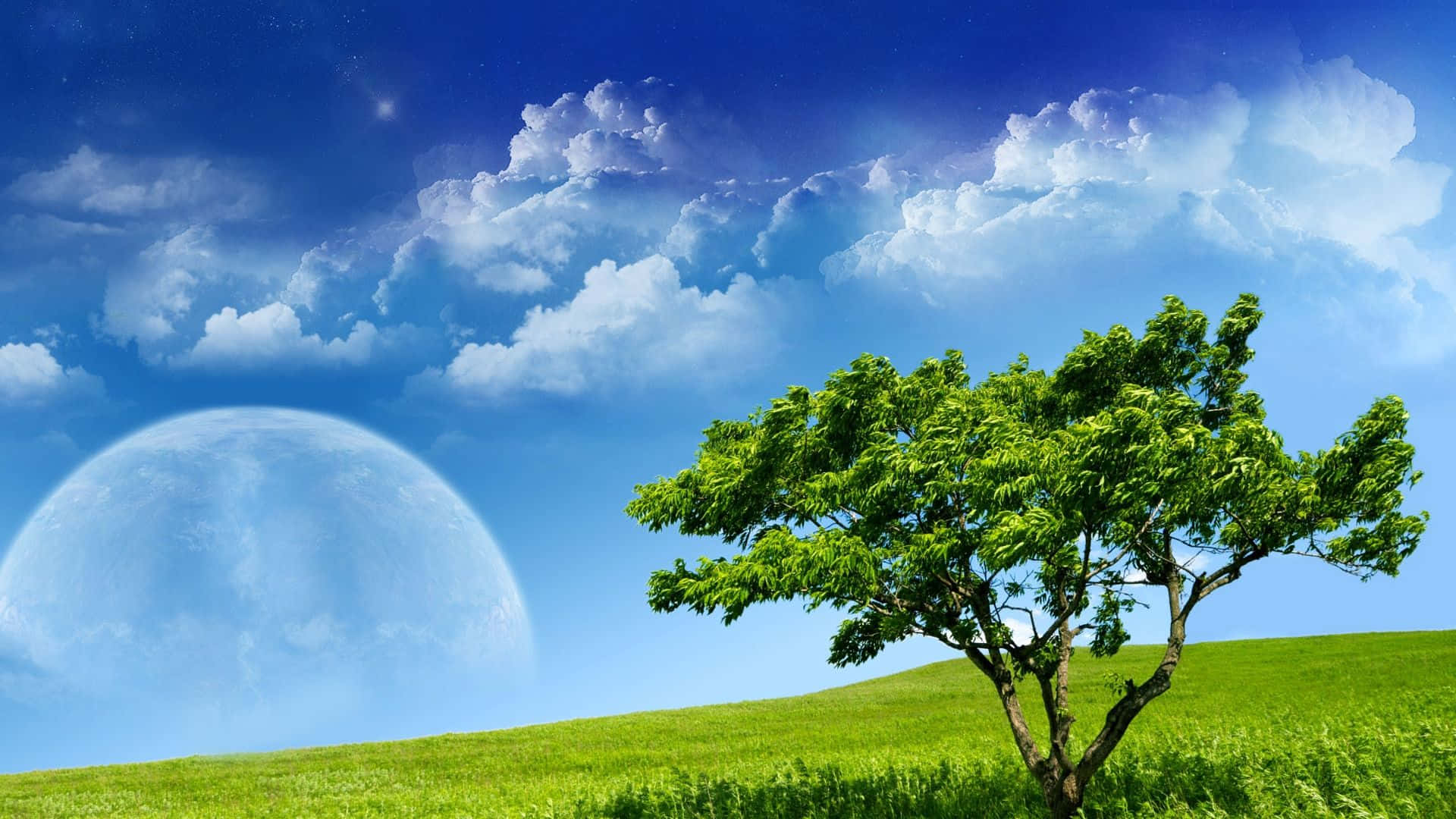 Spring Sky 桌布 壁紙 — 一棵孤獨的綠樹矗立在長滿草的山丘上，天空湛藍，白雲朵朵，還有一輪明月。