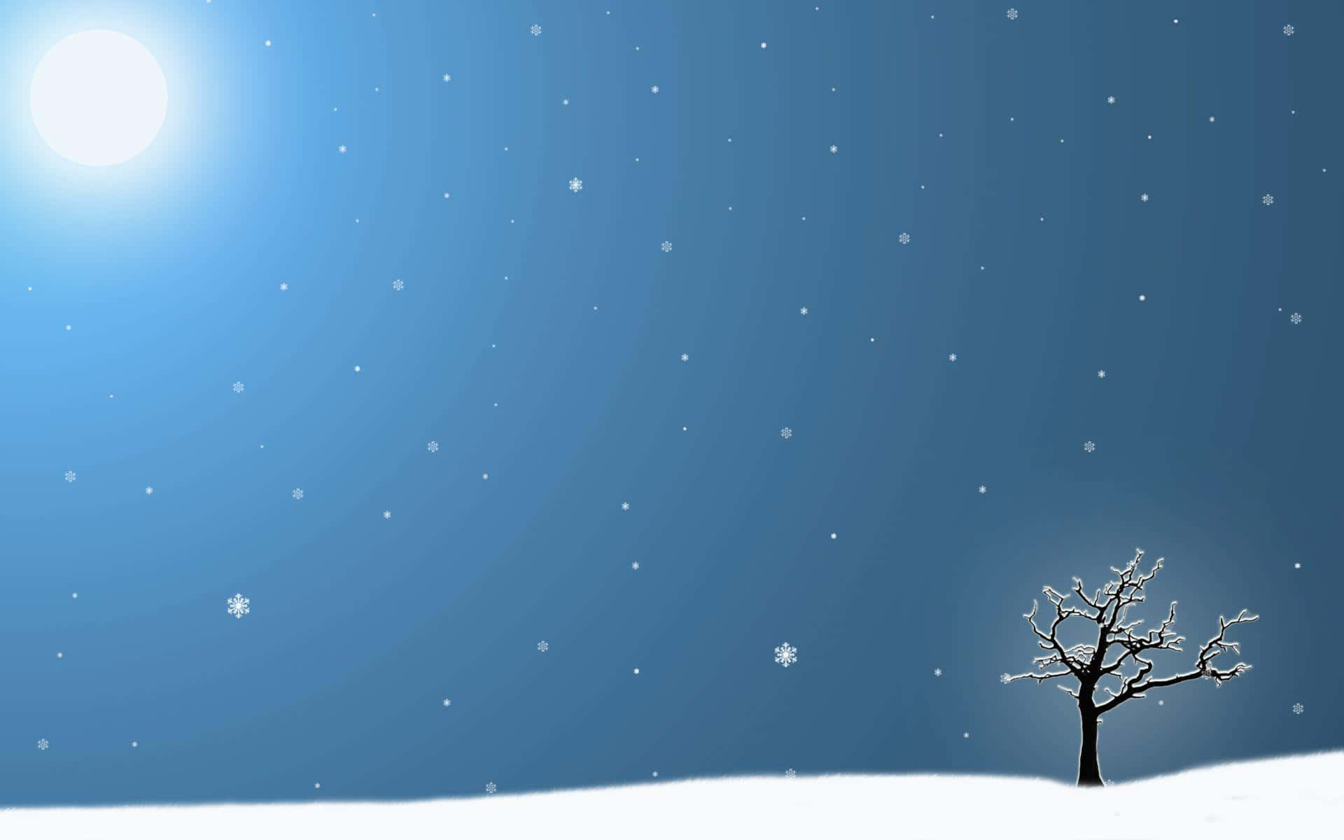 Winter Art 桌布 壁紙 — 一棵孤獨的雪樹矗立在廣闊的雪地上，明亮的陽光下，雪花飄落，映襯著漸變的藍天。
