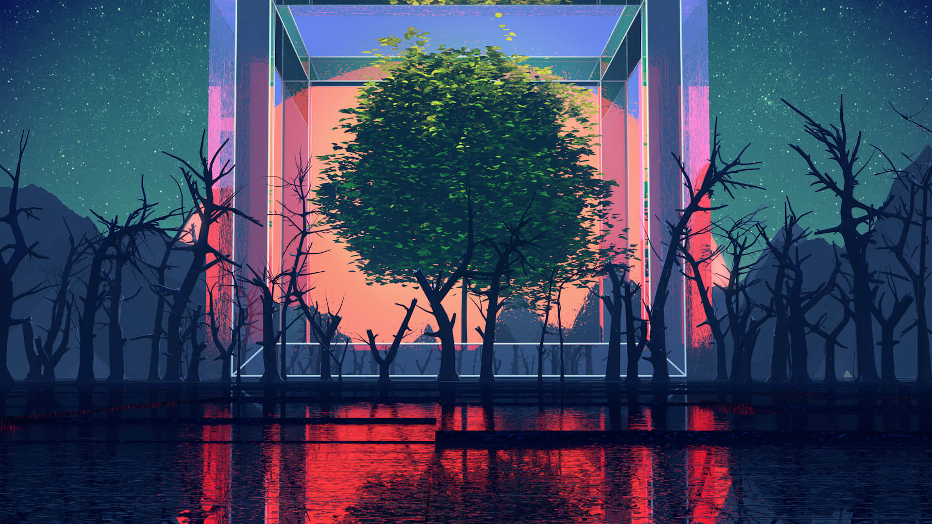 3d Landscape 桌布 壁紙 — 一棵孤獨的鮮豔樹木漂浮在發光的幾何框架內，位於反射水面上方，周圍是光禿禿的樹木，背景是星空夜空。
