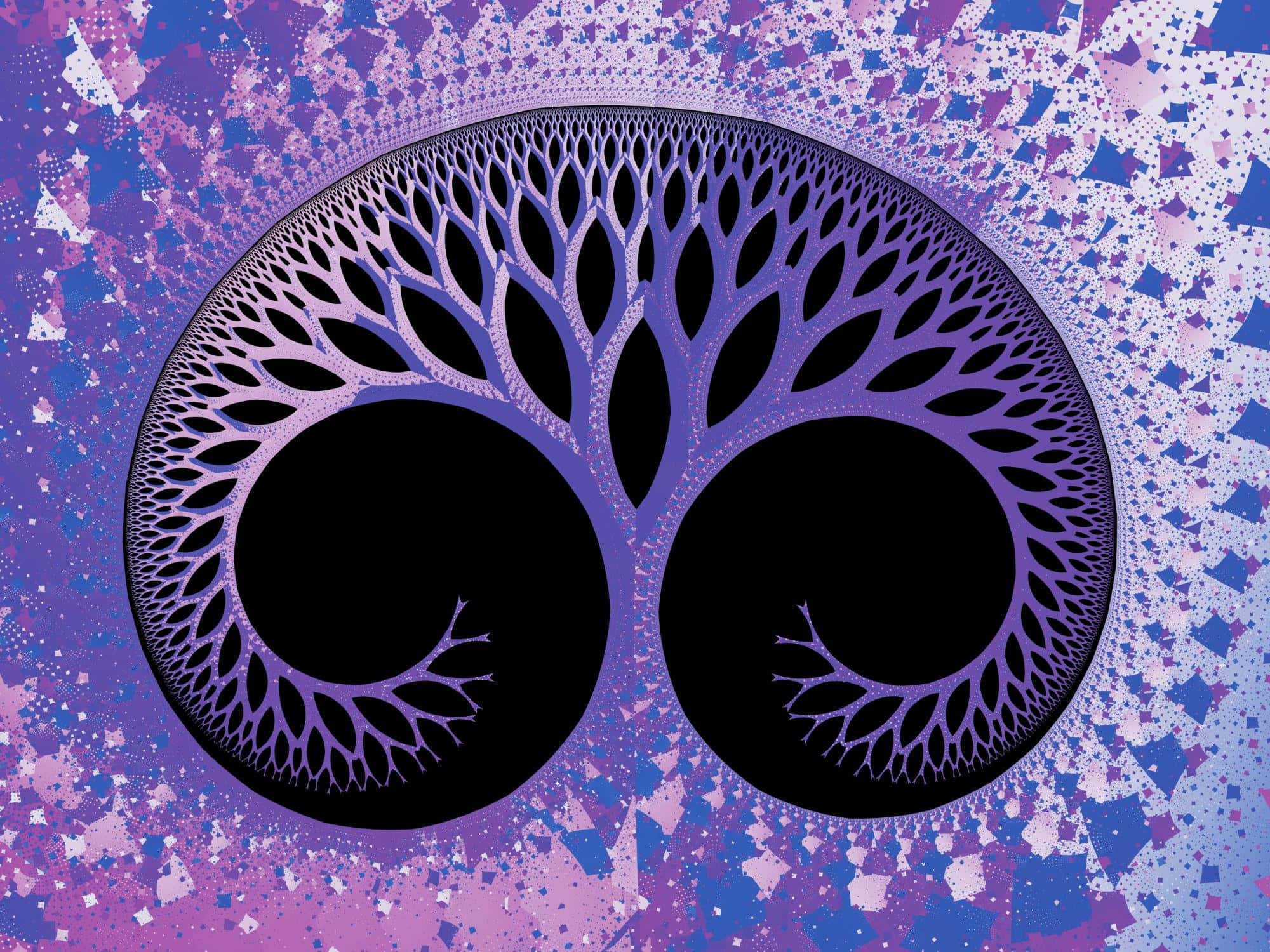 Tree Of Life 桌布 壁紙 — 一棵對稱的紫色分支分形樹從兩個黑色圓圈中長出，背景為斑點紫色和藍色。
