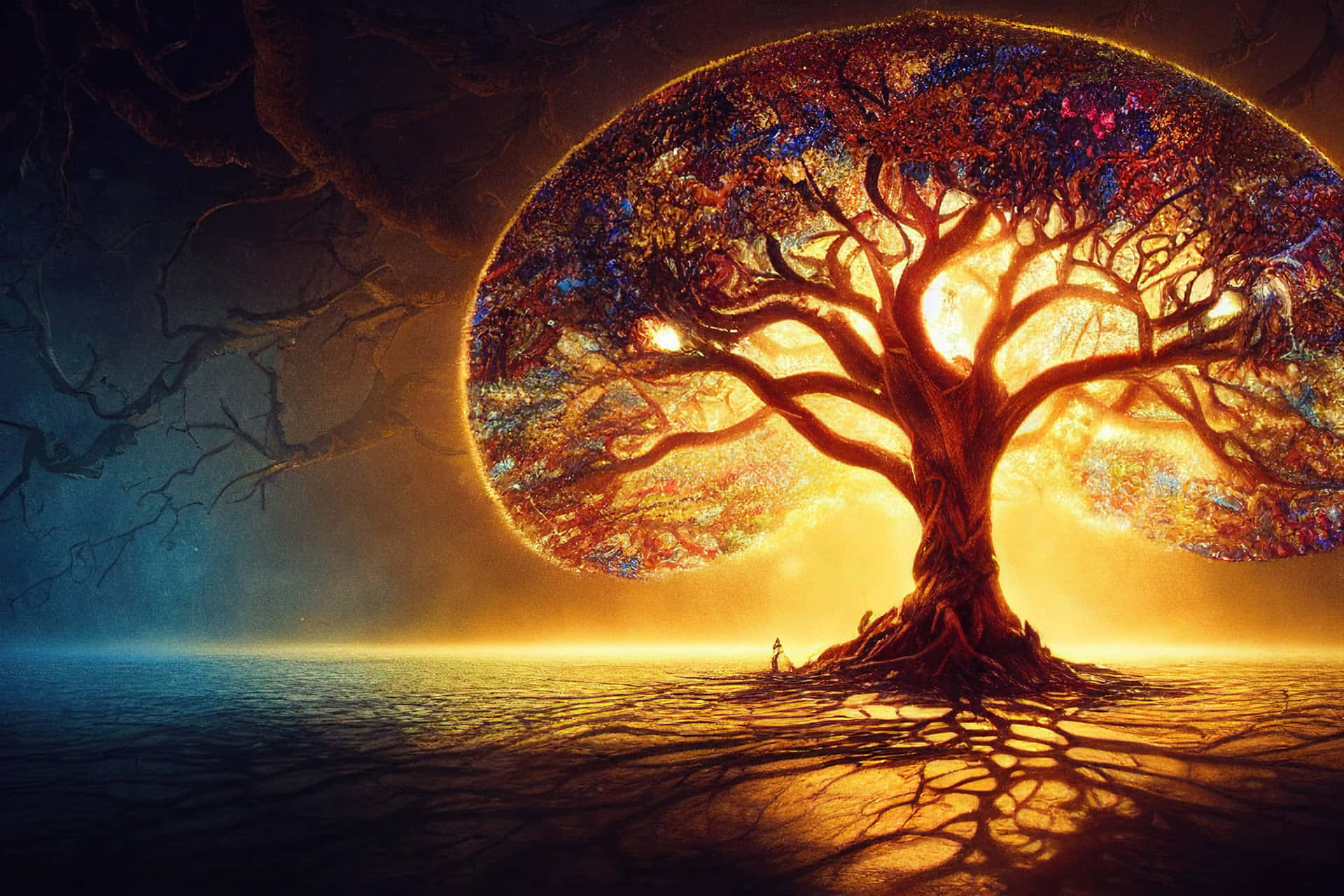 Tree Of Life 桌布 壁紙 — 一棵巨大的樹，帶有發光的多色葉子，獨自矗立在黑暗天空下的反射表面上，樹根處有一個孤獨的身影。
