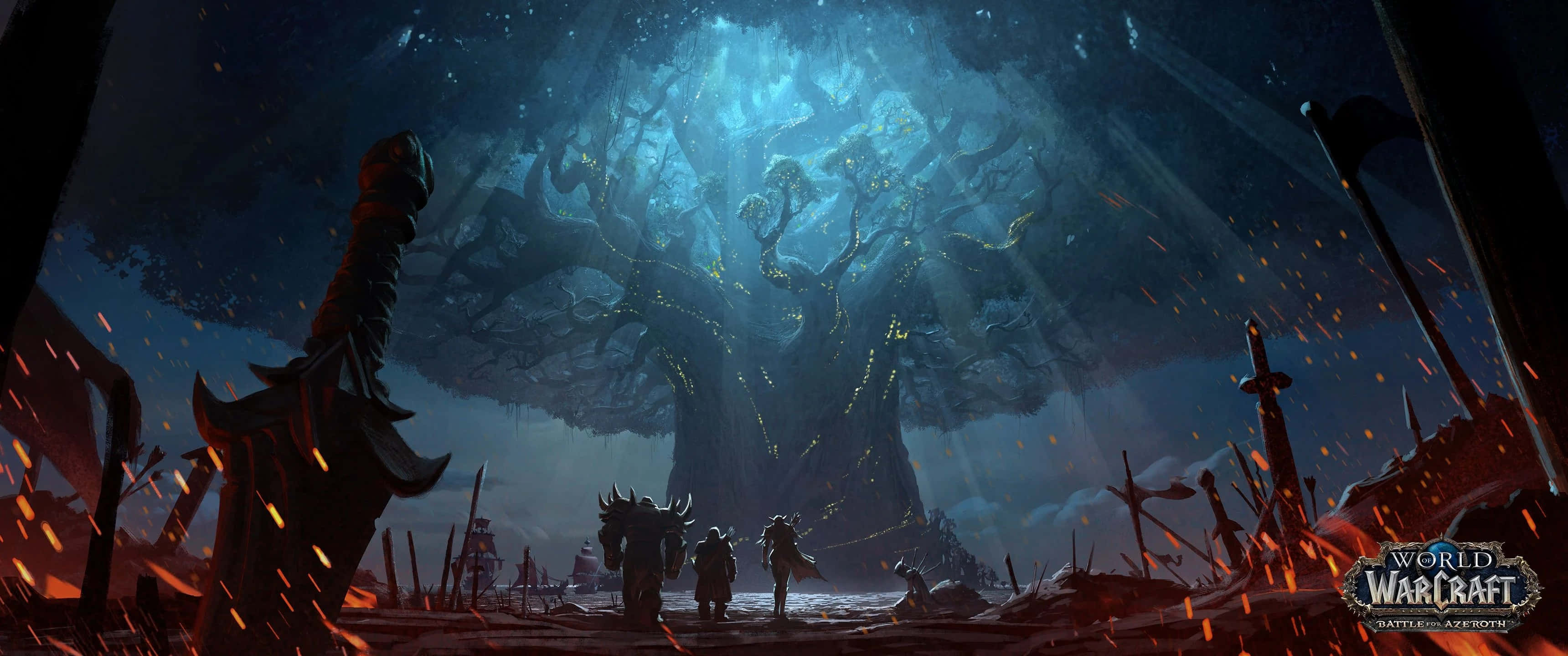 魔獸世界 桌布 壁紙 — 一棵巨大的發光樹在夜間主宰戰場，剪影人物站在它面前，周圍是燃燒的武器和落下的餘燼。