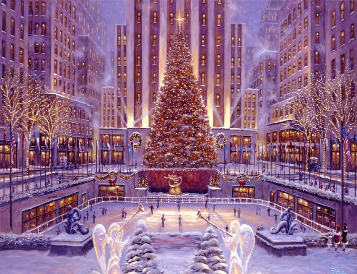 Winter Christmas 桌布 壁紙 — 一棵巨大的聖誕樹在雪覆蓋的城市廣場上閃耀，人們在閃爍的燈光下滑冰，雪花飄落。