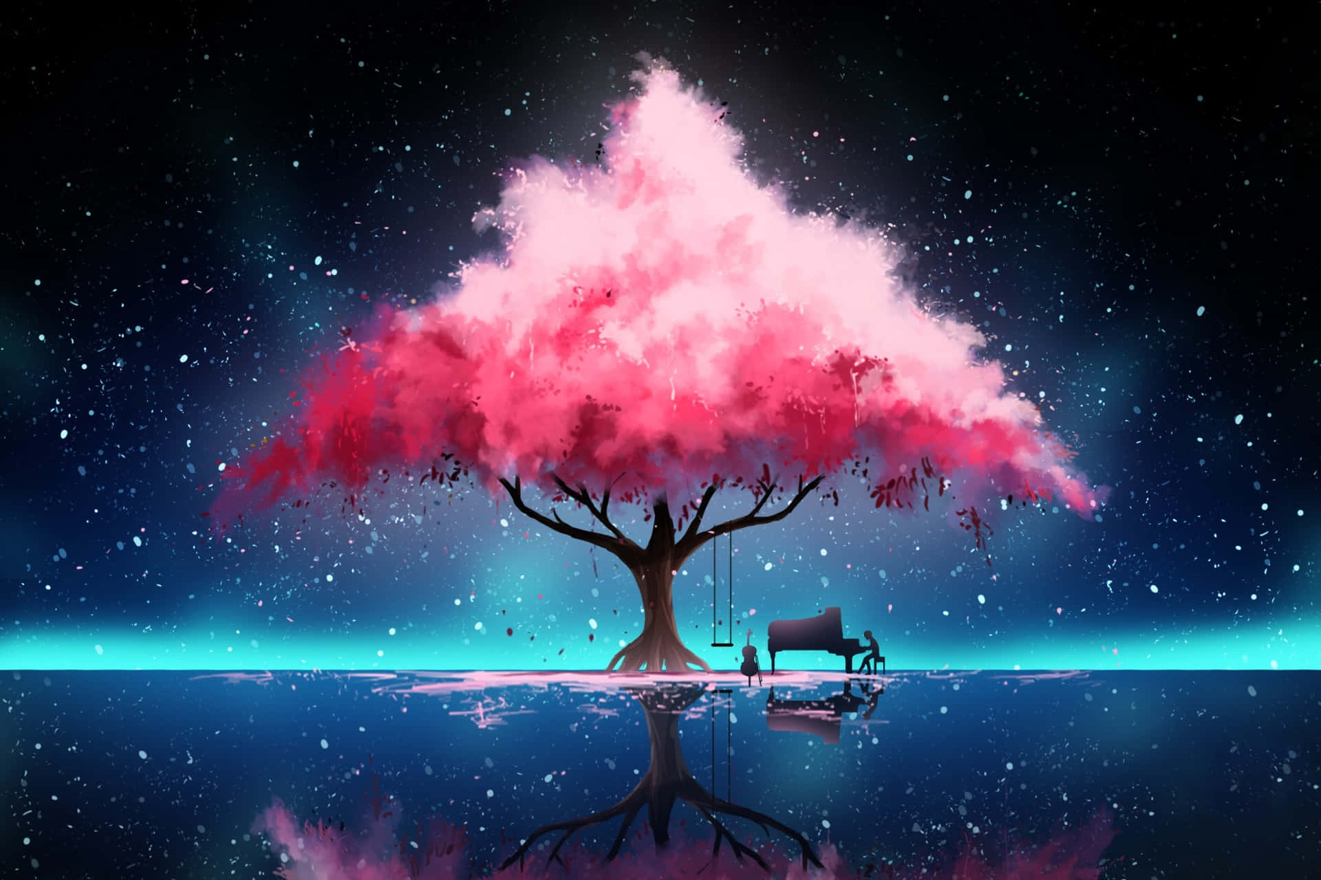 鋼琴 桌布 壁紙 — 一棵帶有粉紅色雲狀葉子的樹，在星空下發光的水中佇立，附近有鋼琴和人物的超現實數位藝術作品。