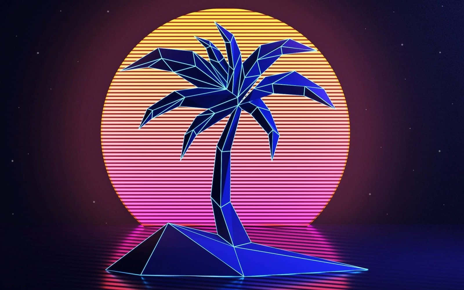Neon Lights 桌布 壁紙 — 一棵幾何形狀的藍色棕櫚樹矗立在三角形島嶼上，背景是帶有水平條紋的發光日落。