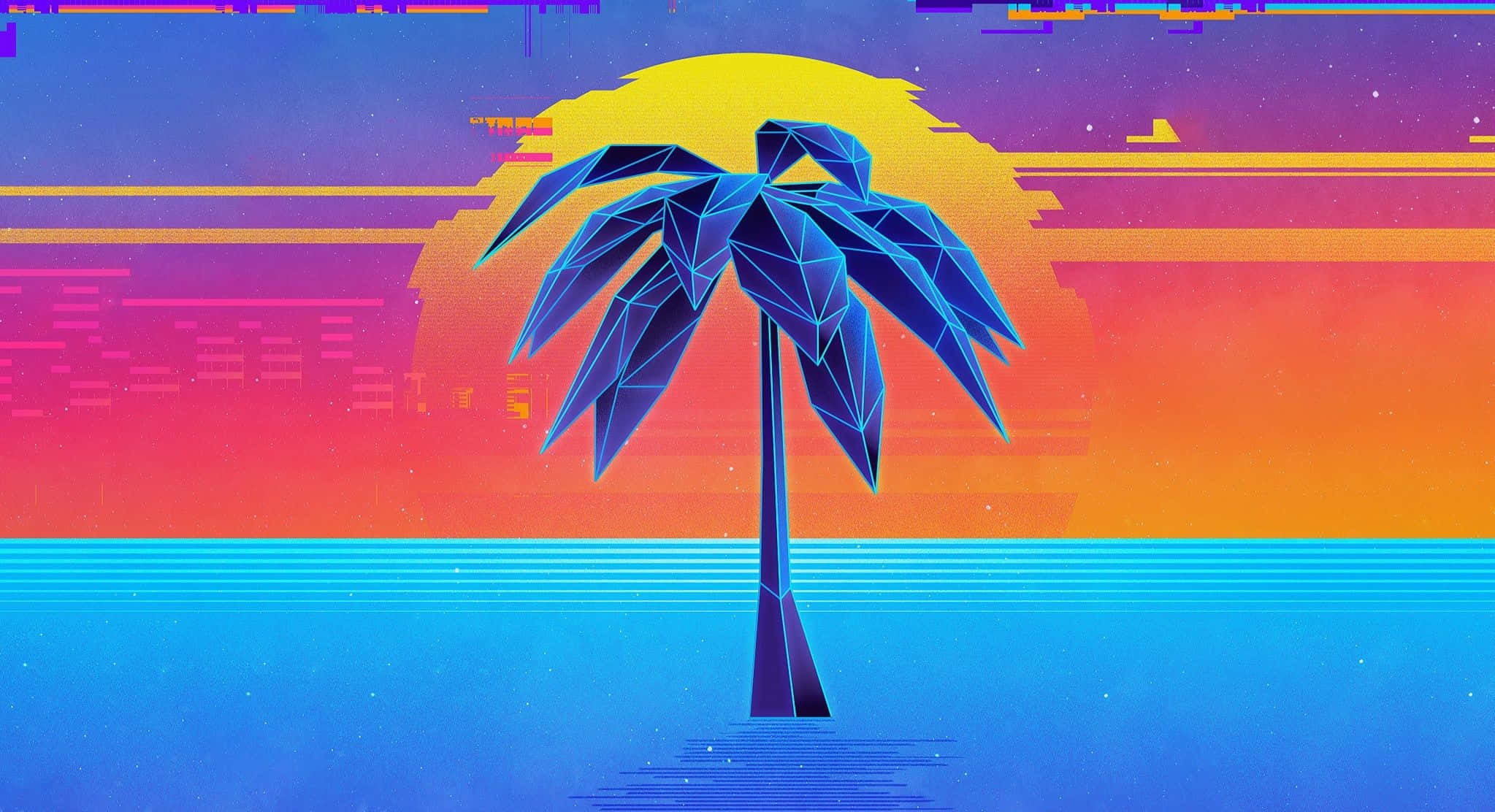 Aesthetic YouTube 桌布 壁紙 — 一棵幾何形狀的藍色棕櫚樹矗立在充滿活力的復古未來主義日落水域中，帶有故障藝術效果。