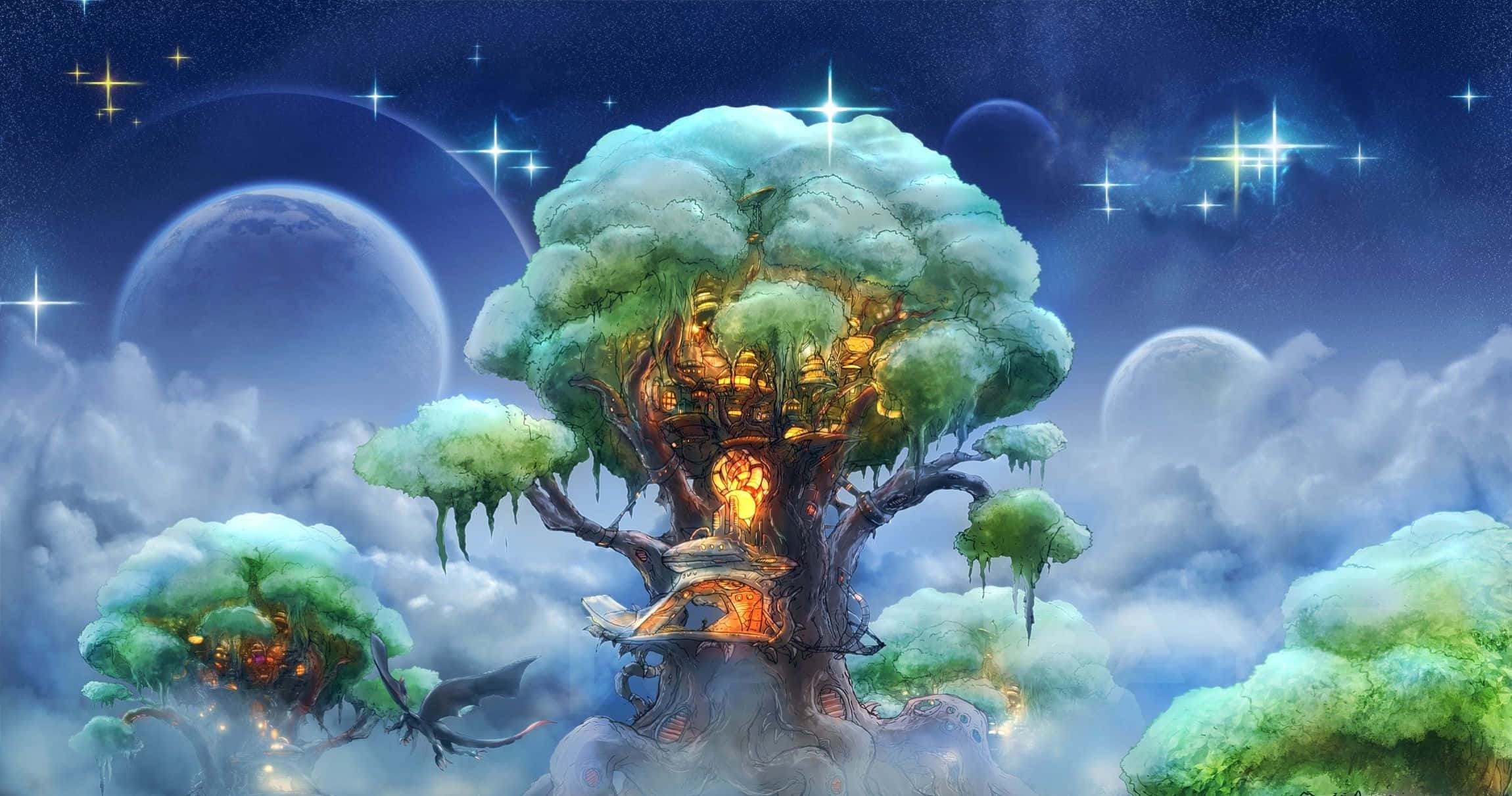 一棵樹，天空中有星星和雲朵 壁紙
