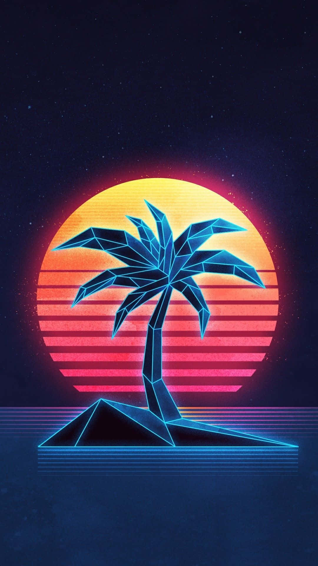 80s Retro 桌布 壁紙 — 一棵發光的藍色幾何棕櫚樹矗立在一個三角形島嶼上，背景是帶有水平條紋的鮮豔日落。